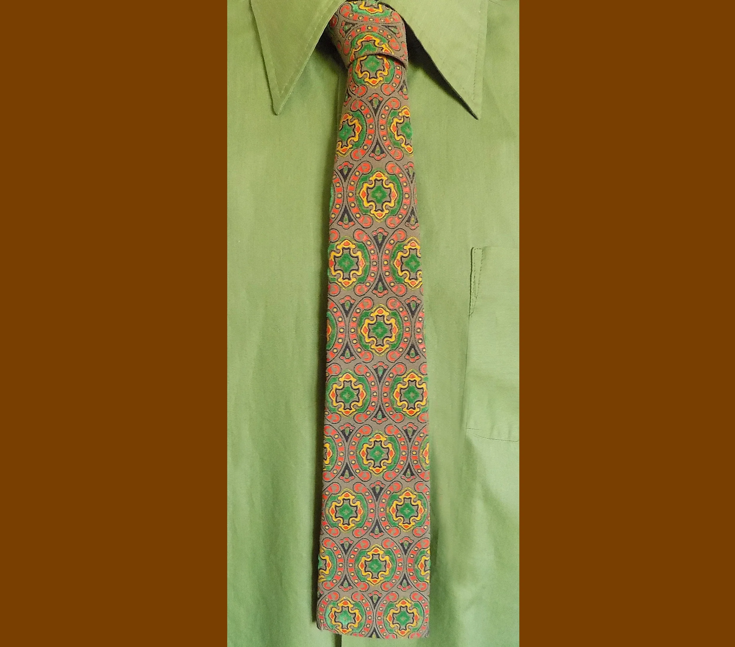 60s Hand Painted Suede Leather Necktie Felt Lined Brown Orange Black Yellow Velvet Flocked Green - Image 4