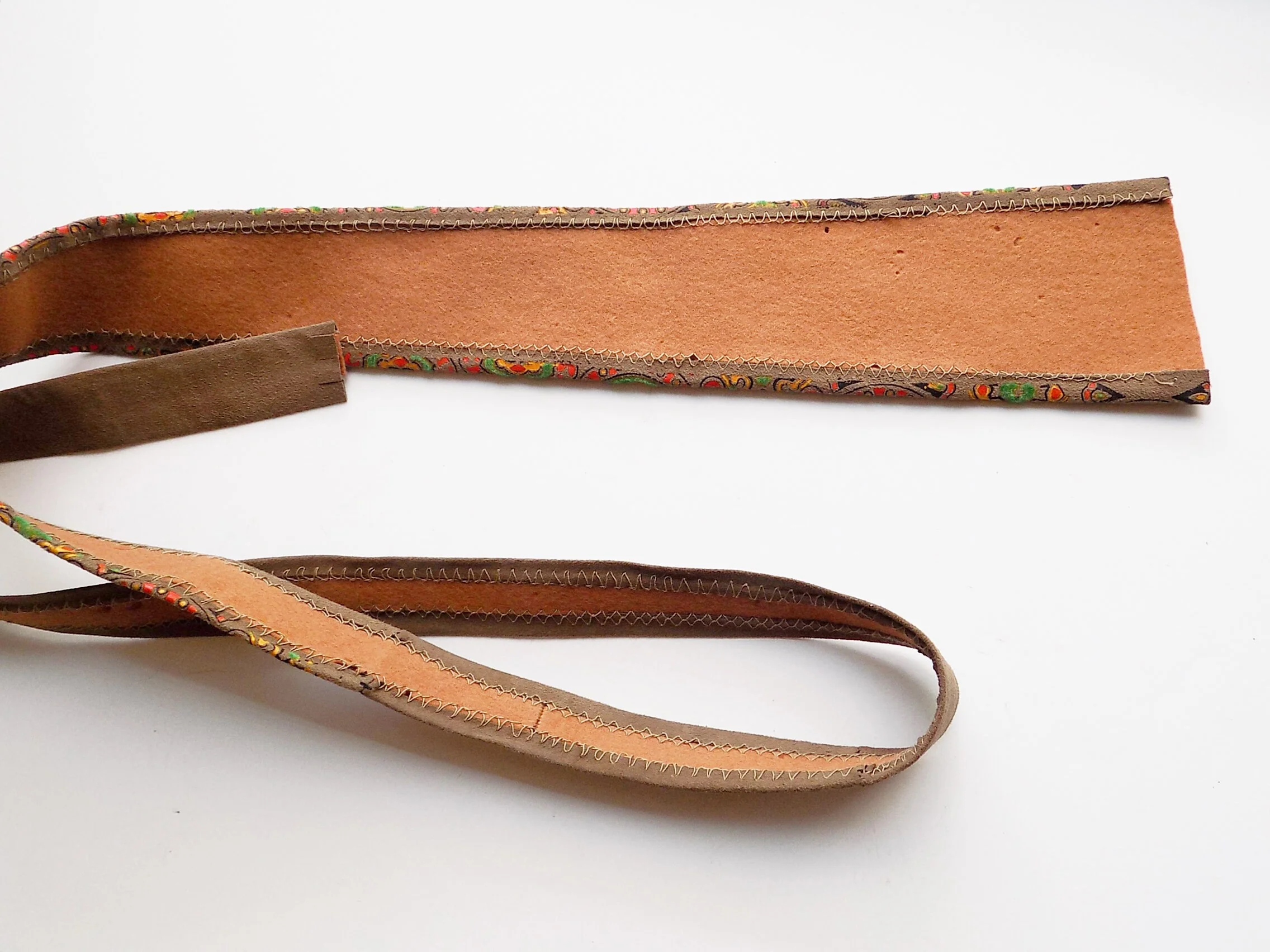 60s Hand Painted Suede Leather Necktie Felt Lined Brown Orange Black Yellow Velvet Flocked Green - Image 7