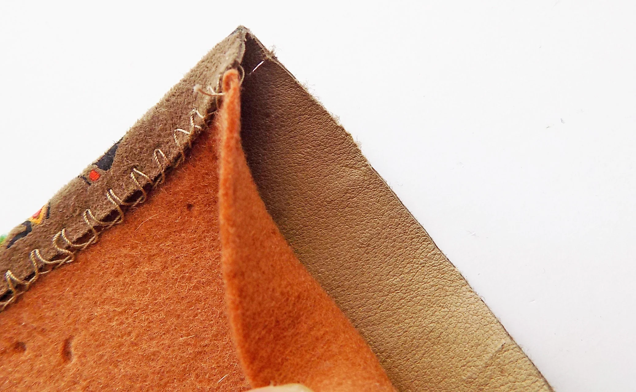 60s Hand Painted Suede Leather Necktie Felt Lined Brown Orange Black Yellow Velvet Flocked Green - Image 8
