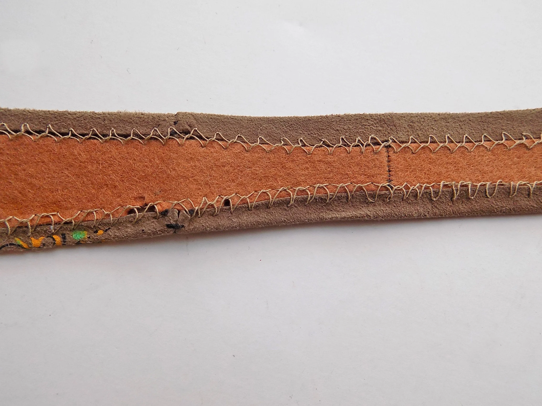 60s Hand Painted Suede Leather Necktie Felt Lined Brown Orange Black Yellow Velvet Flocked Green - Image 9