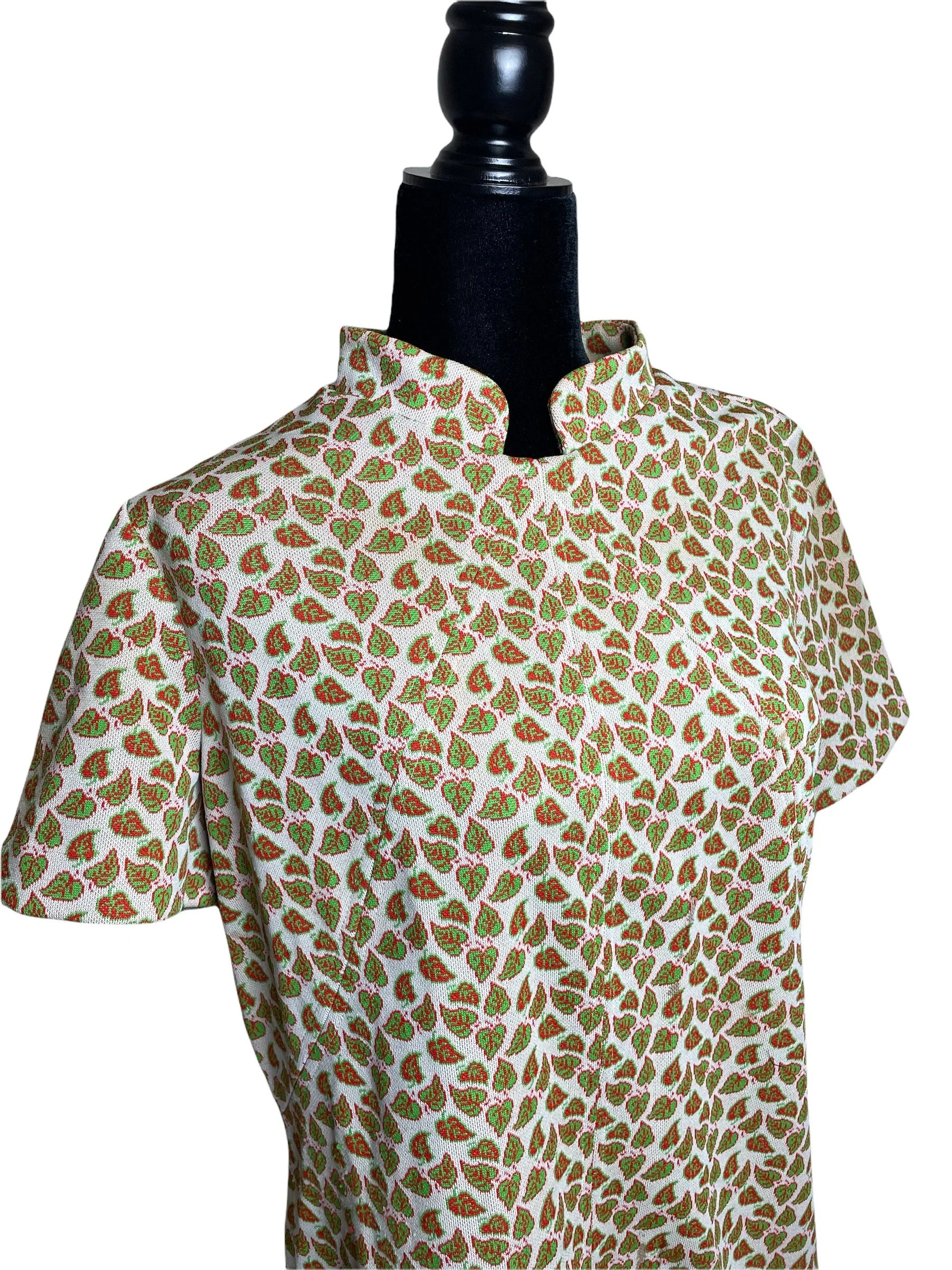 60s Handmade Dress Red Green Floral Leaves Size L - Image 3