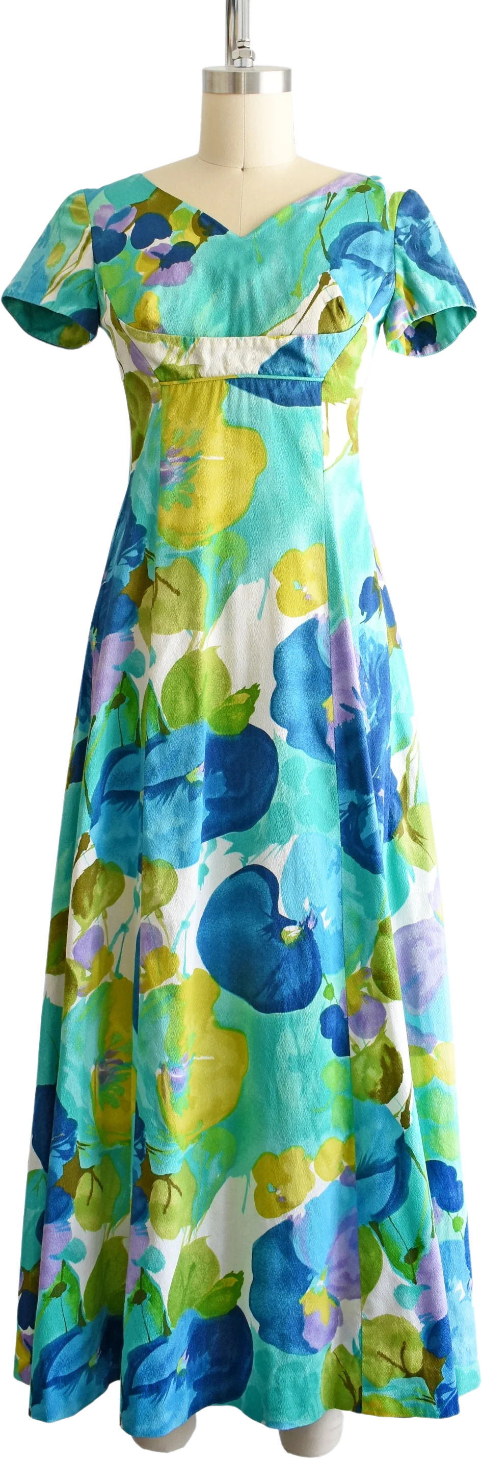 60s Hawaiian Dress Vintage 60s Maxi Dress, Blue and Green Floral Cotton Barkcloth Andrade Ja-Na of Hawaii Dress, Xs