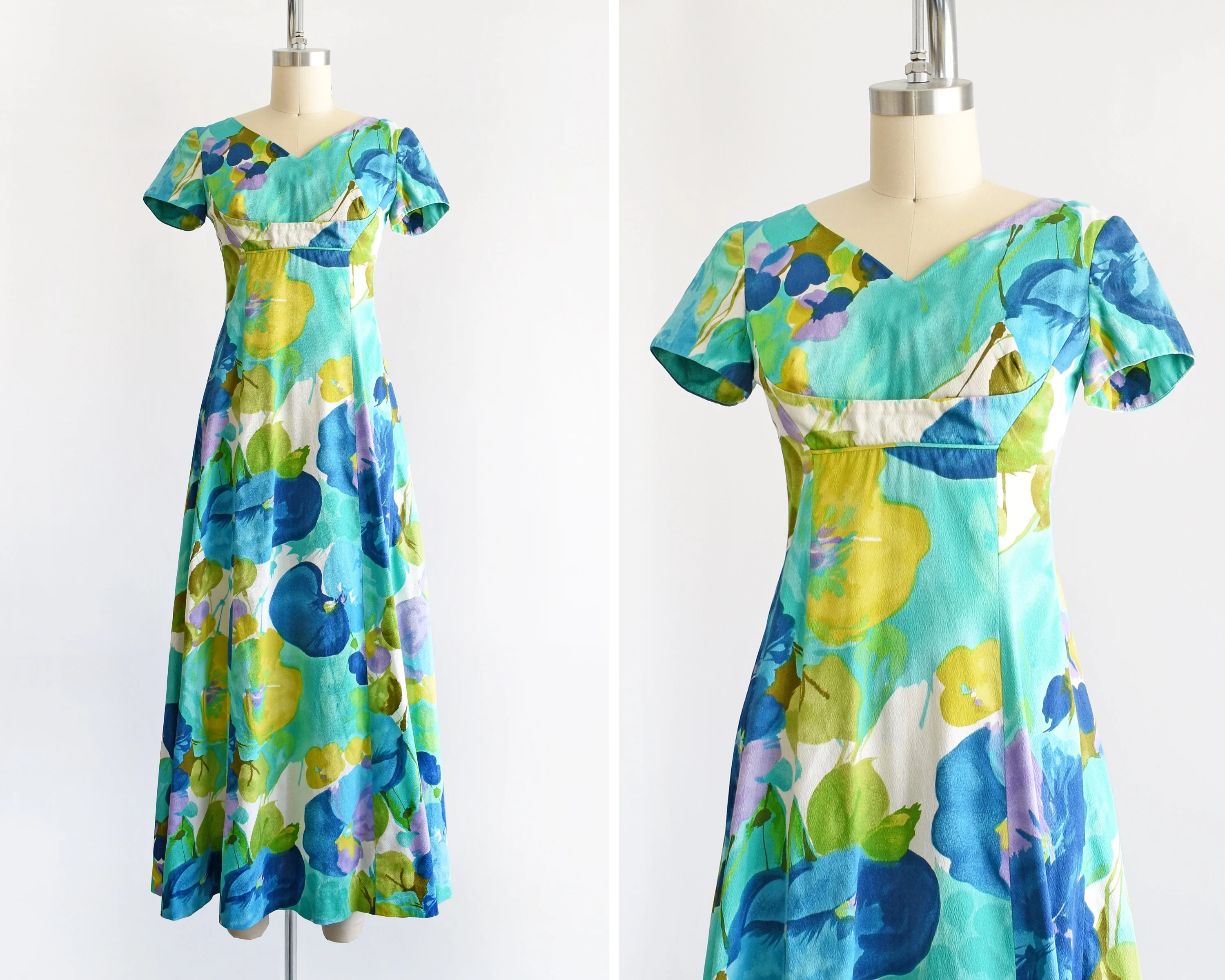 60s Hawaiian Dress Vintage 60s Maxi Dress, Blue and Green Floral Cotton Barkcloth Andrade Ja-Na of Hawaii Dress, Xs - Image 2