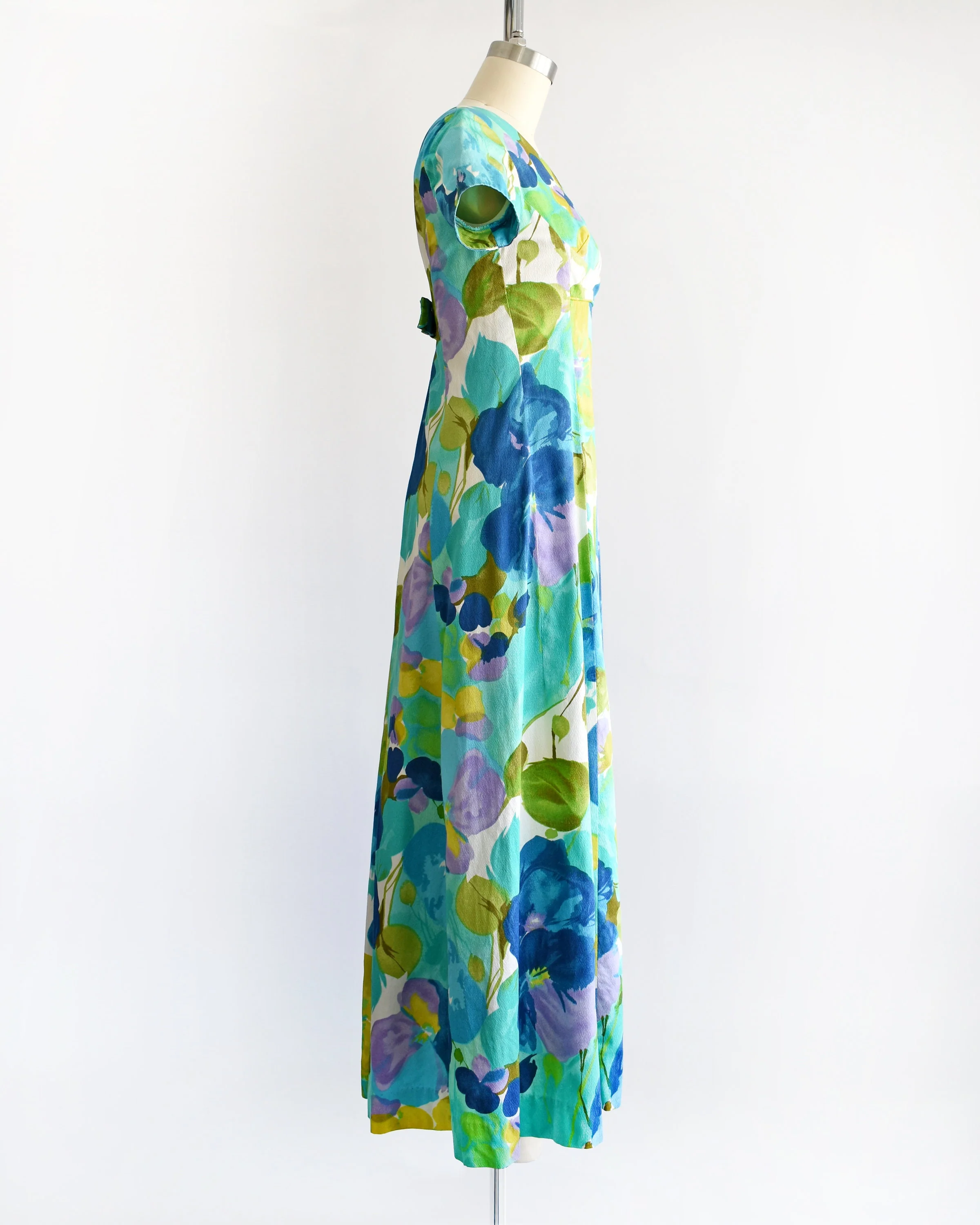 60s Hawaiian Dress Vintage 60s Maxi Dress, Blue and Green Floral Cotton Barkcloth Andrade Ja-Na of Hawaii Dress, Xs - Image 3