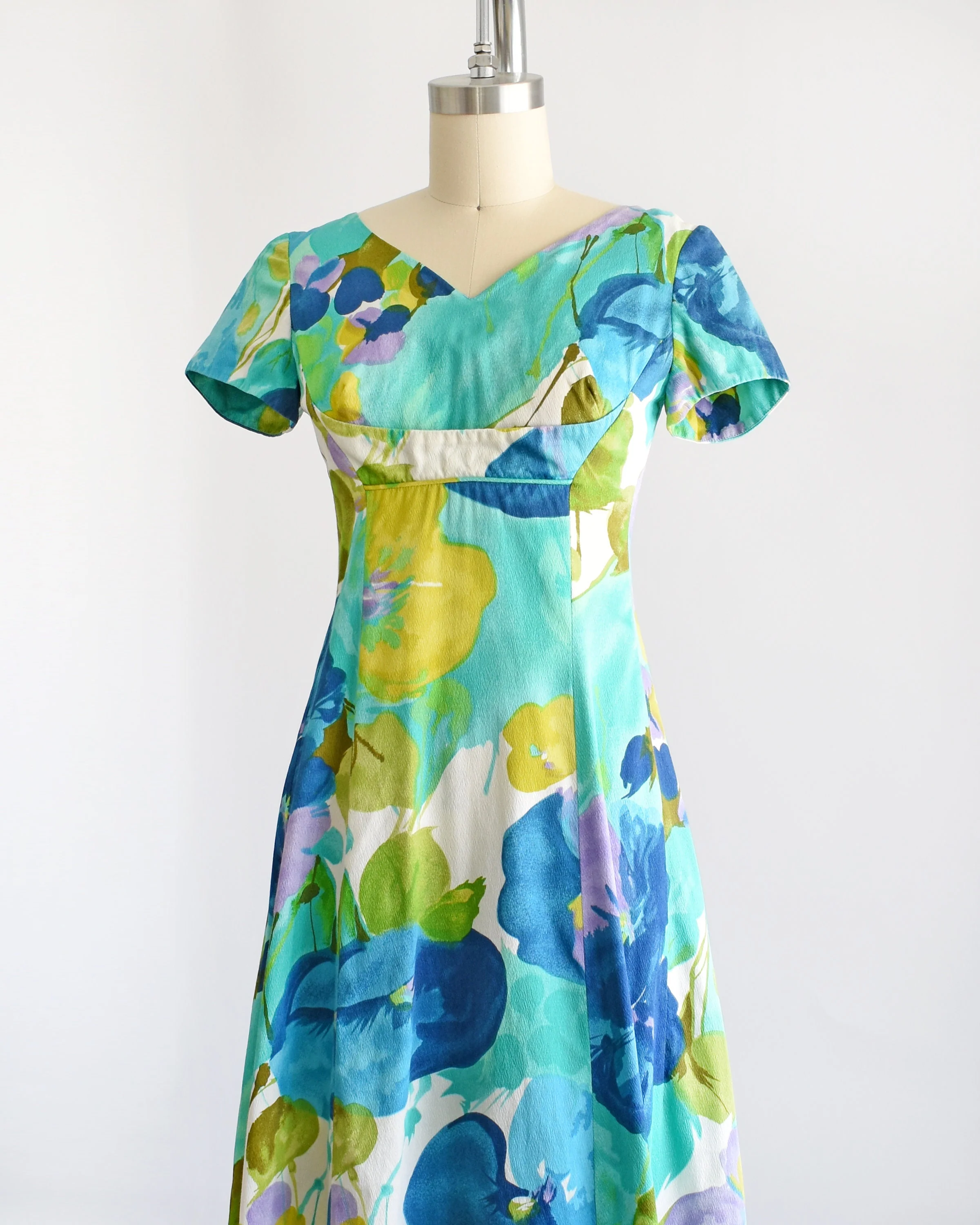 60s Hawaiian Dress Vintage 60s Maxi Dress, Blue and Green Floral Cotton Barkcloth Andrade Ja-Na of Hawaii Dress, Xs - Image 5