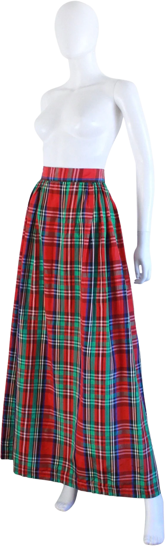 60s Holiday Plaid Taffeta Maxi Skirt | Size Small