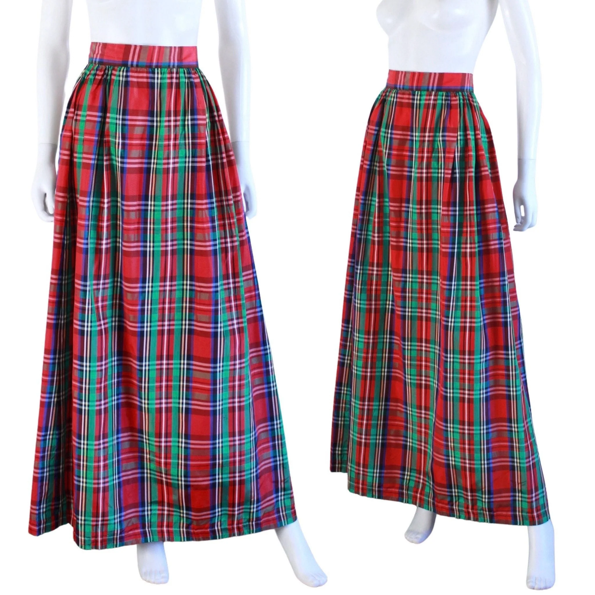 60s Holiday Plaid Taffeta Maxi Skirt | Size Small - Image 2
