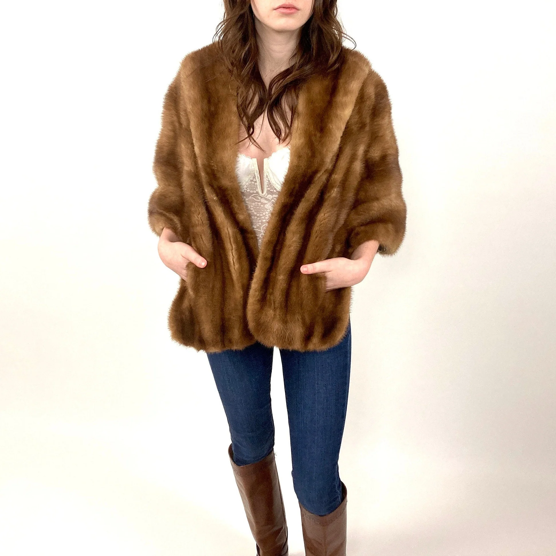 60s Honey Brown Mink Fur Coat Swing Dress Plush Glam Jacket Striped Rocker Vintage Fur Cape High Neck Stroller - Image 6