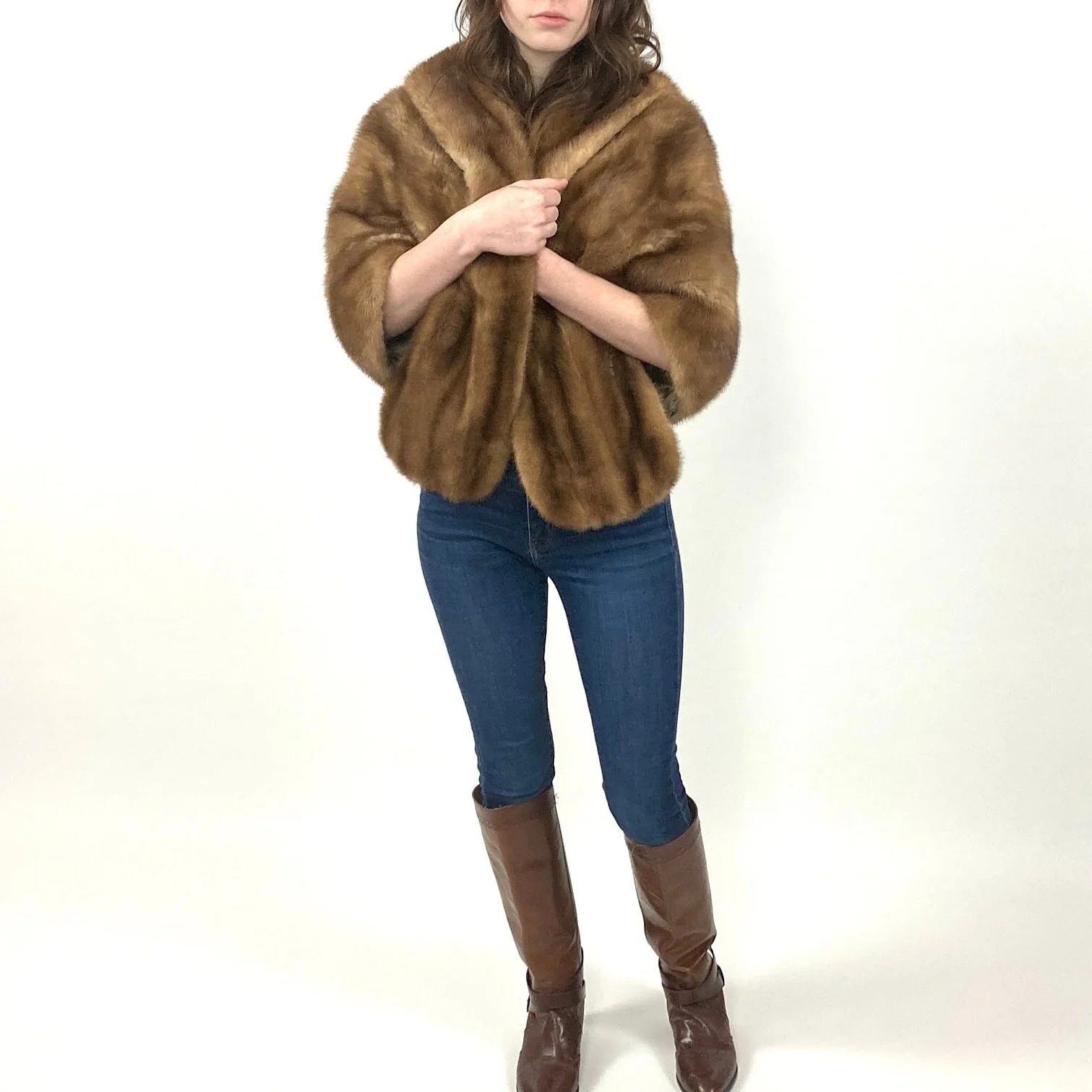 60s Honey Brown Mink Fur Coat Swing Dress Plush Glam Jacket Striped Rocker Vintage Fur Cape High Neck Stroller - Image 8