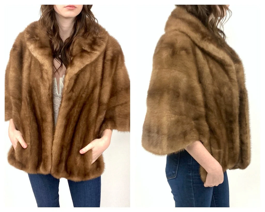 60s Honey Brown Mink Fur Coat Swing Dress Plush Glam Jacket Striped Rocker Vintage Fur Cape High Neck Stroller by Margulis Furs Clayton - Image 4