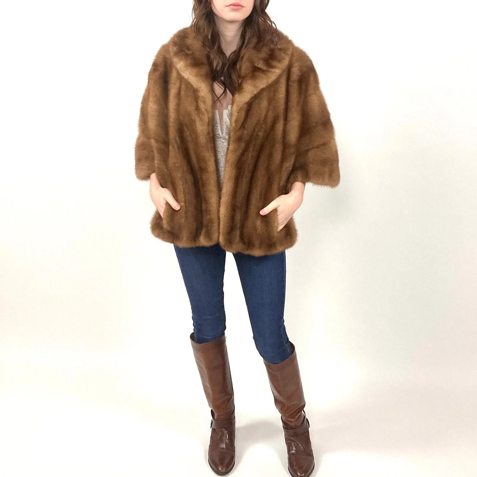 60s Honey Brown Mink Fur Coat Swing Dress Plush Glam Jacket Striped Rocker Vintage Fur Cape High Neck Stroller by Margulis Furs Clayton - Image 5