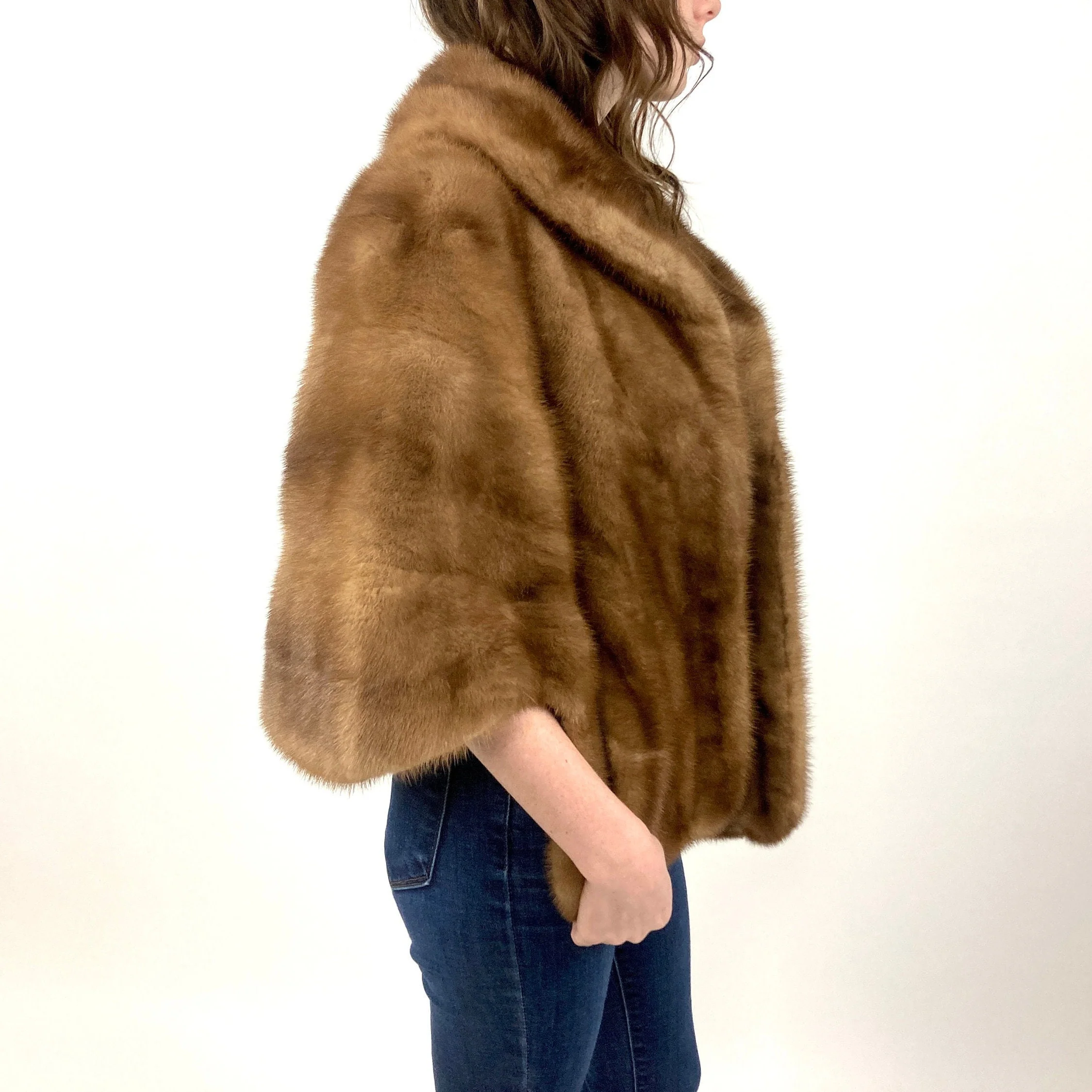 60s Honey Brown Mink Fur Coat Swing Dress Plush Glam Jacket Striped Rocker Vintage Fur Cape High Neck Stroller by Margulis Furs Clayton - Image 6