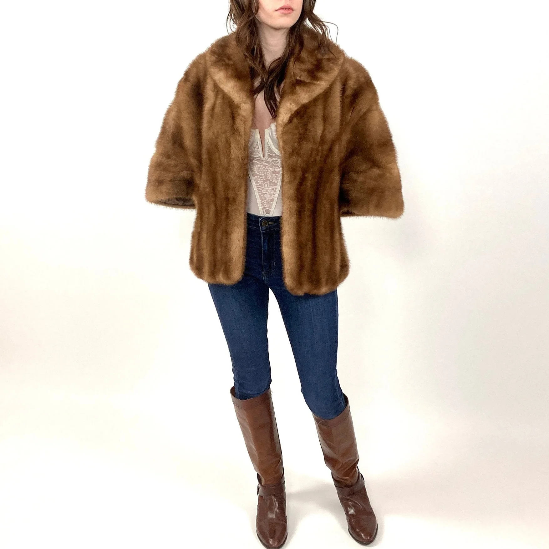 60s Honey Brown Mink Fur Coat Swing Dress Plush Glam Jacket Striped Rocker Vintage Fur Cape High Neck Stroller by Margulis Furs Clayton - Image 8