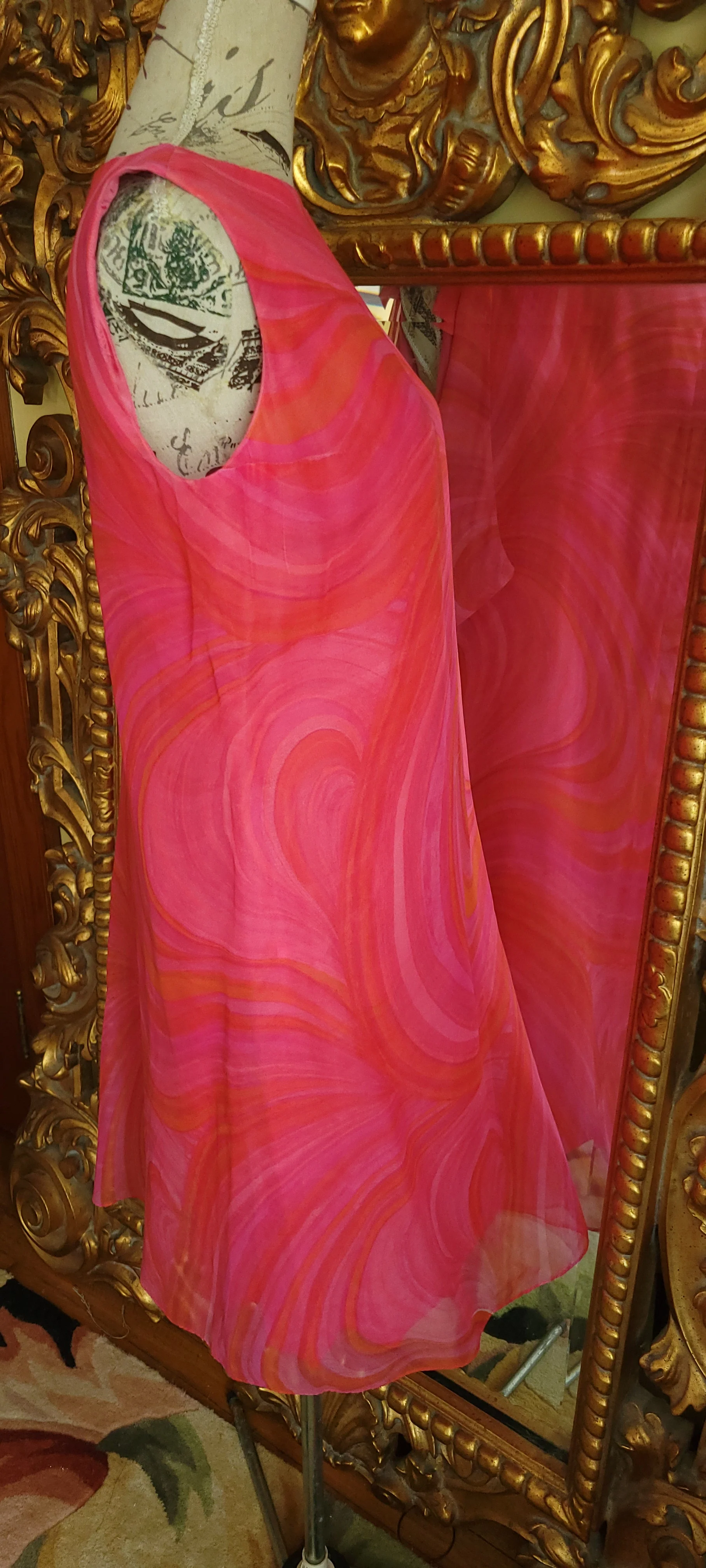 60s Hot Pink And Orange Mod Swirl Chiffon Dress By R&K Originals - Image 4