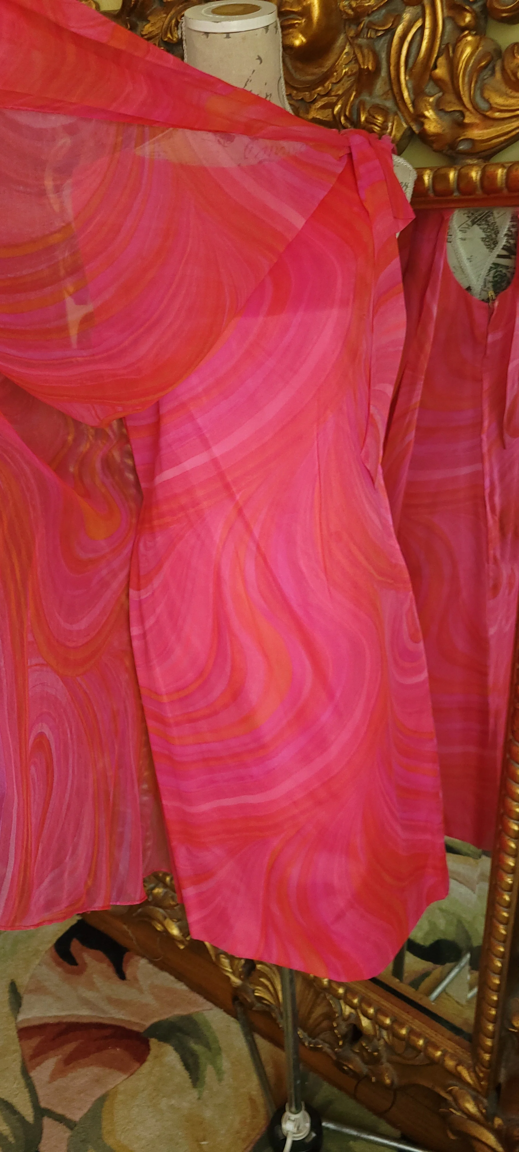 60s Hot Pink And Orange Mod Swirl Chiffon Dress By R&K Originals - Image 5