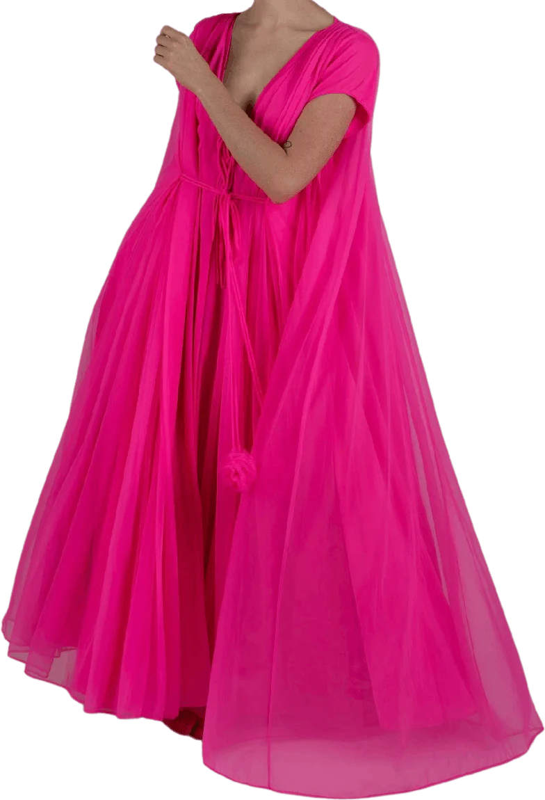 60s Hot Pink Double Chiffon Pom Pom Peignoir Set By Claire Sandra by Lucie Ann Beverly Hills