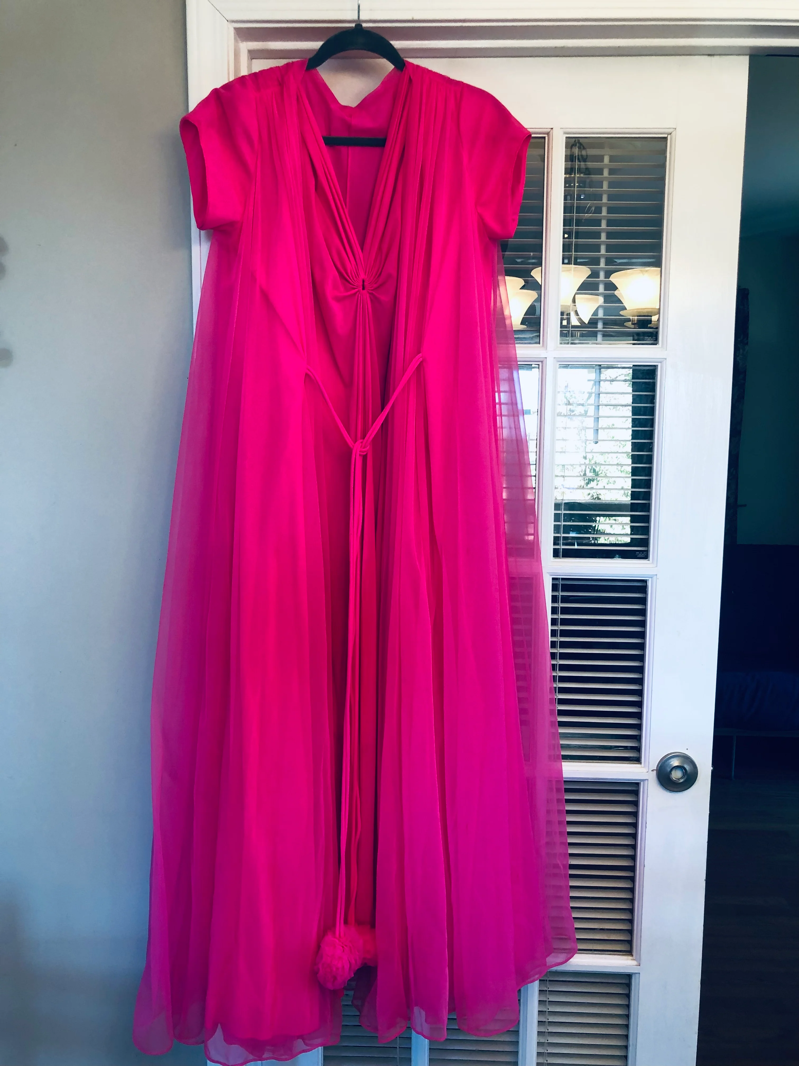 60s Hot Pink Double Chiffon Pom Pom Peignoir Set By Claire Sandra by Lucie Ann Beverly Hills - Image 10