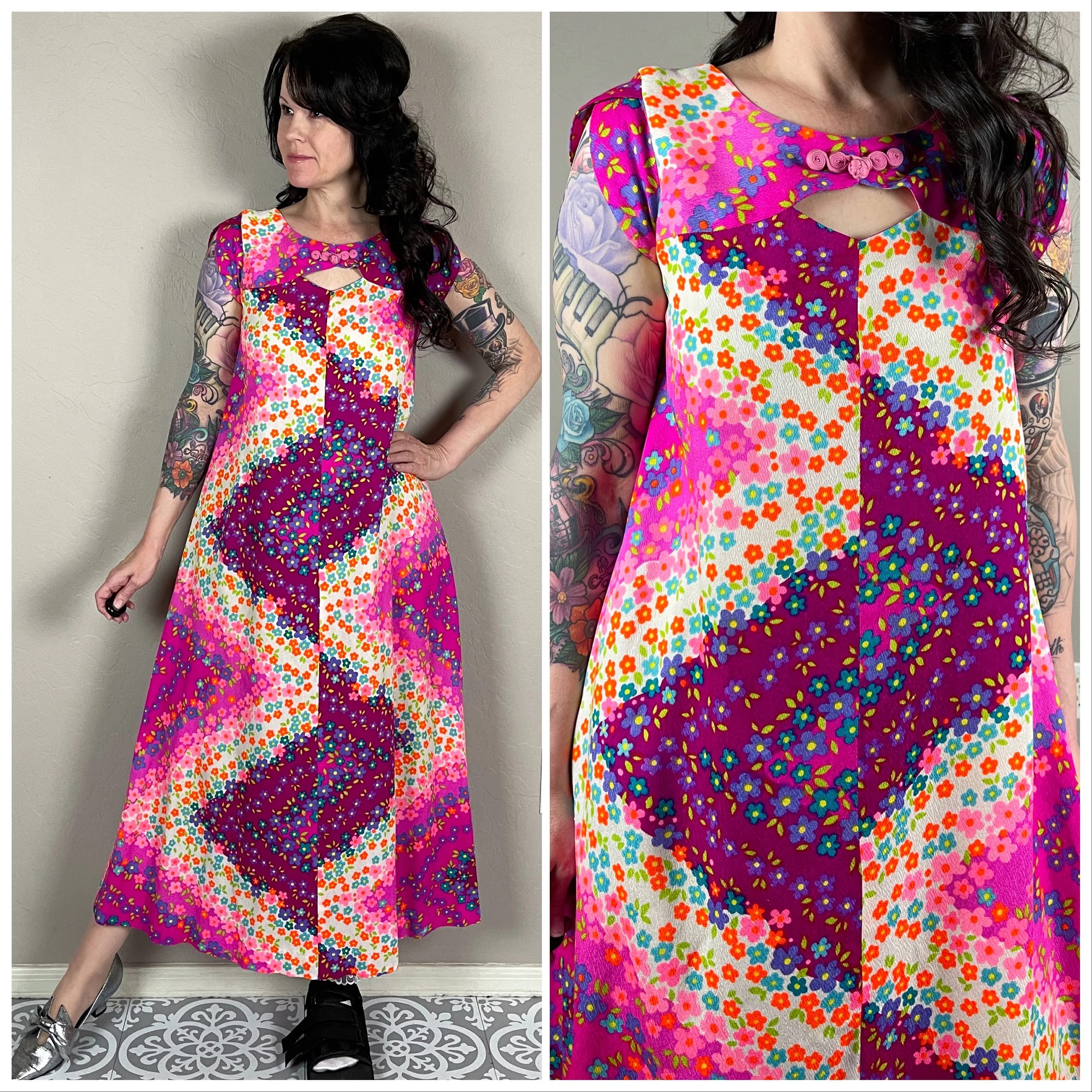 60s Hot Pink Floral Hawaiian Midi Dress By Hawaiian Togs - Image 2