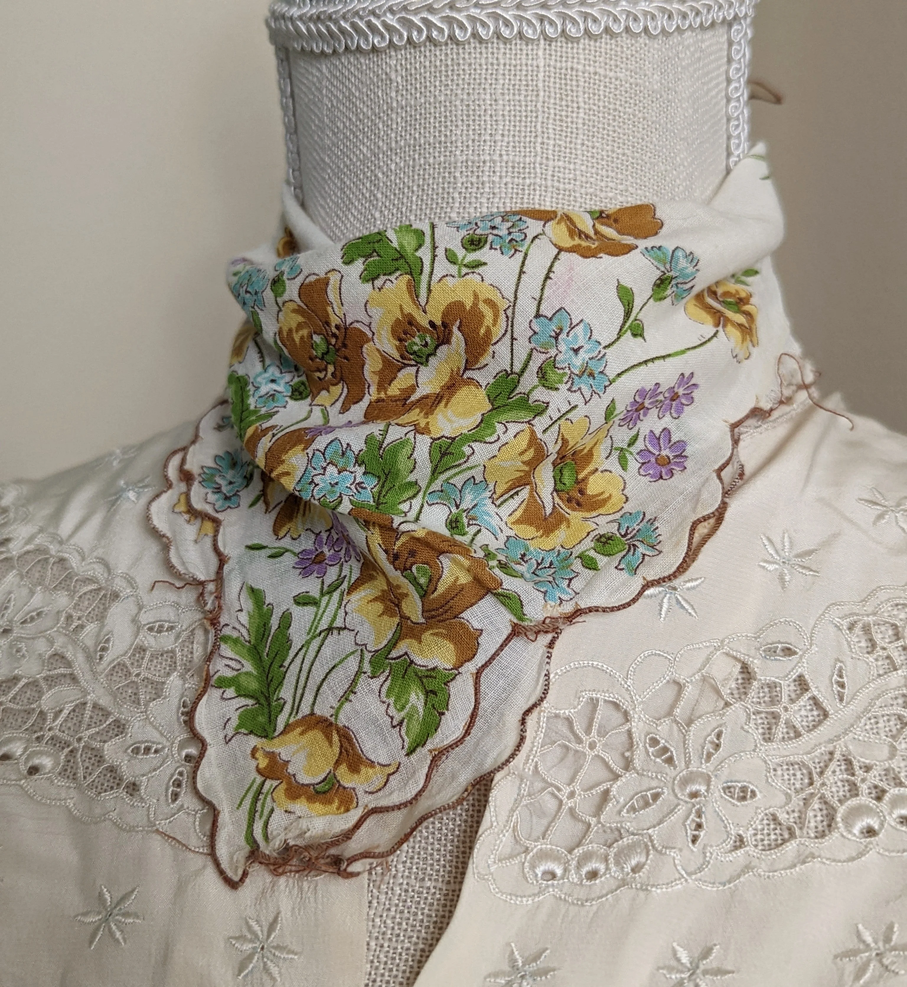 60s "in Bloom" Floral Yellow Purple and Blue Scarf Handkerchief with Hand Rolled Scalloped Edge - Image 2