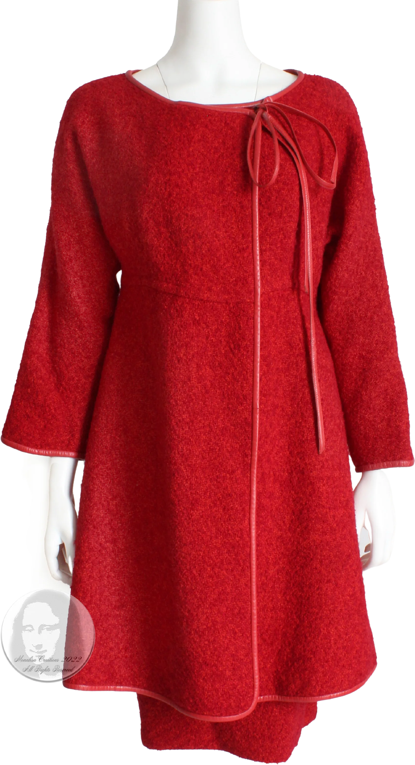 60s Jacket Skirt Set Cherry Leather Trim Boucle Wool By Bonnie Cashin
