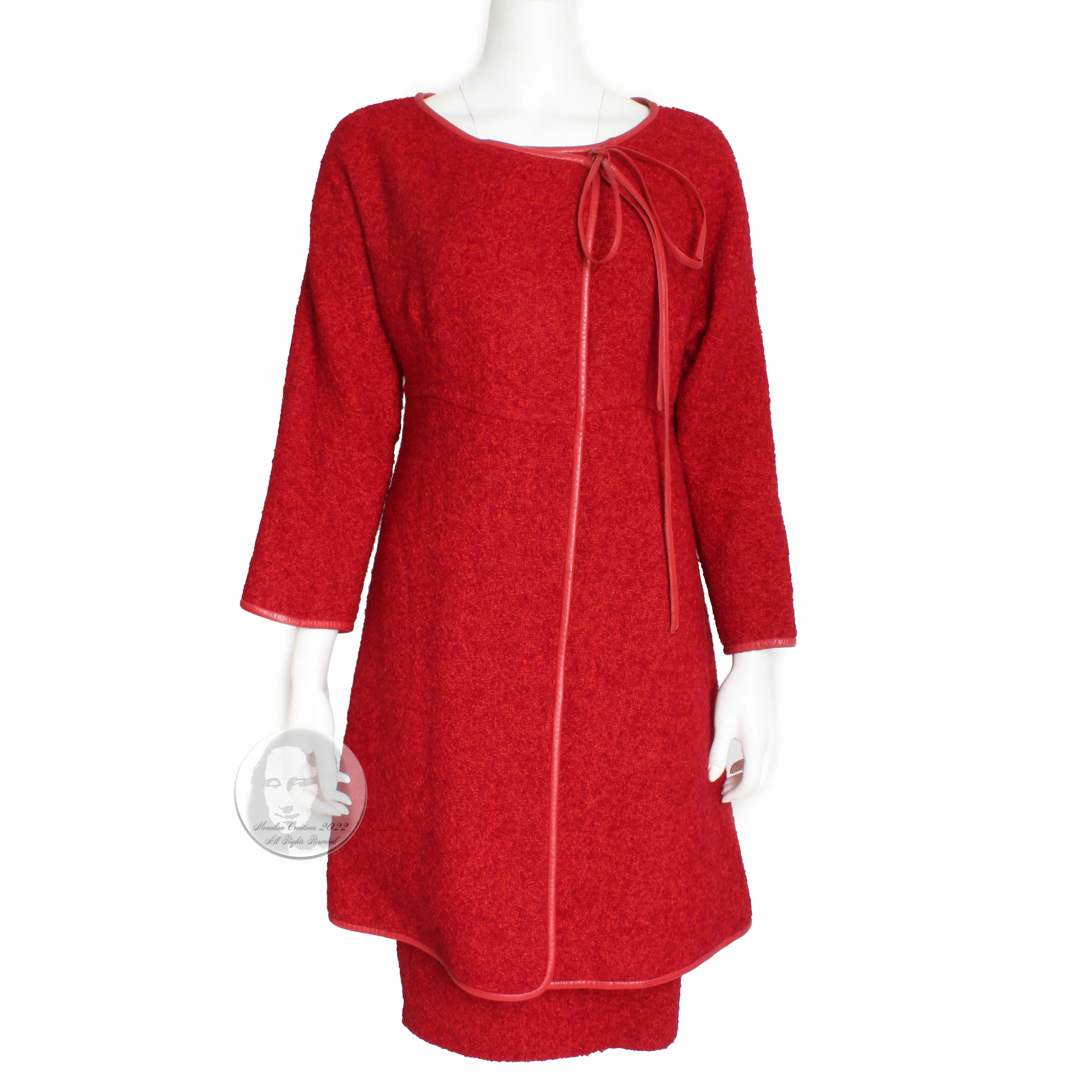 60s Jacket Skirt Set Cherry Leather Trim Boucle Wool By Bonnie Cashin - Image 3