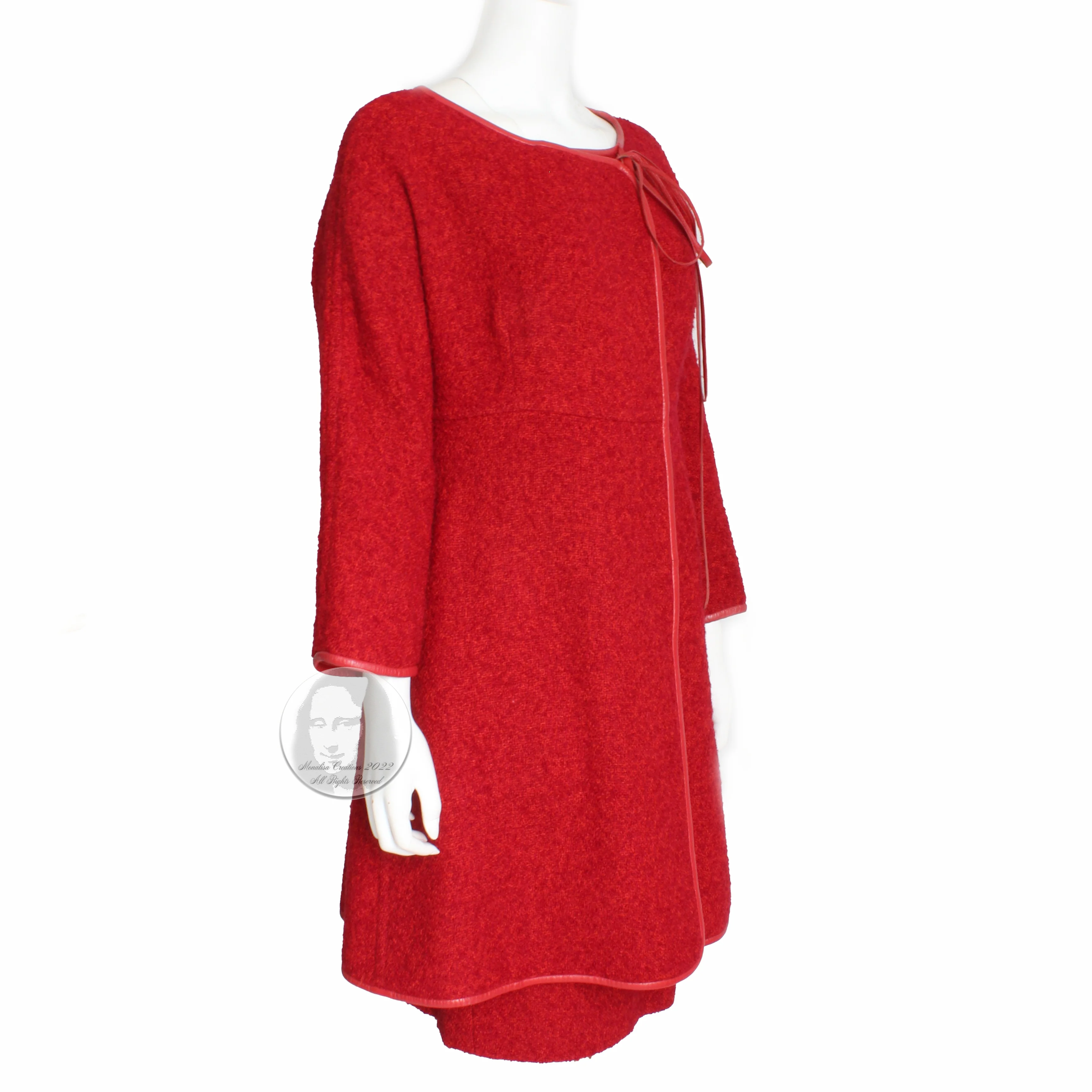 60s Jacket Skirt Set Cherry Leather Trim Boucle Wool By Bonnie Cashin - Image 5