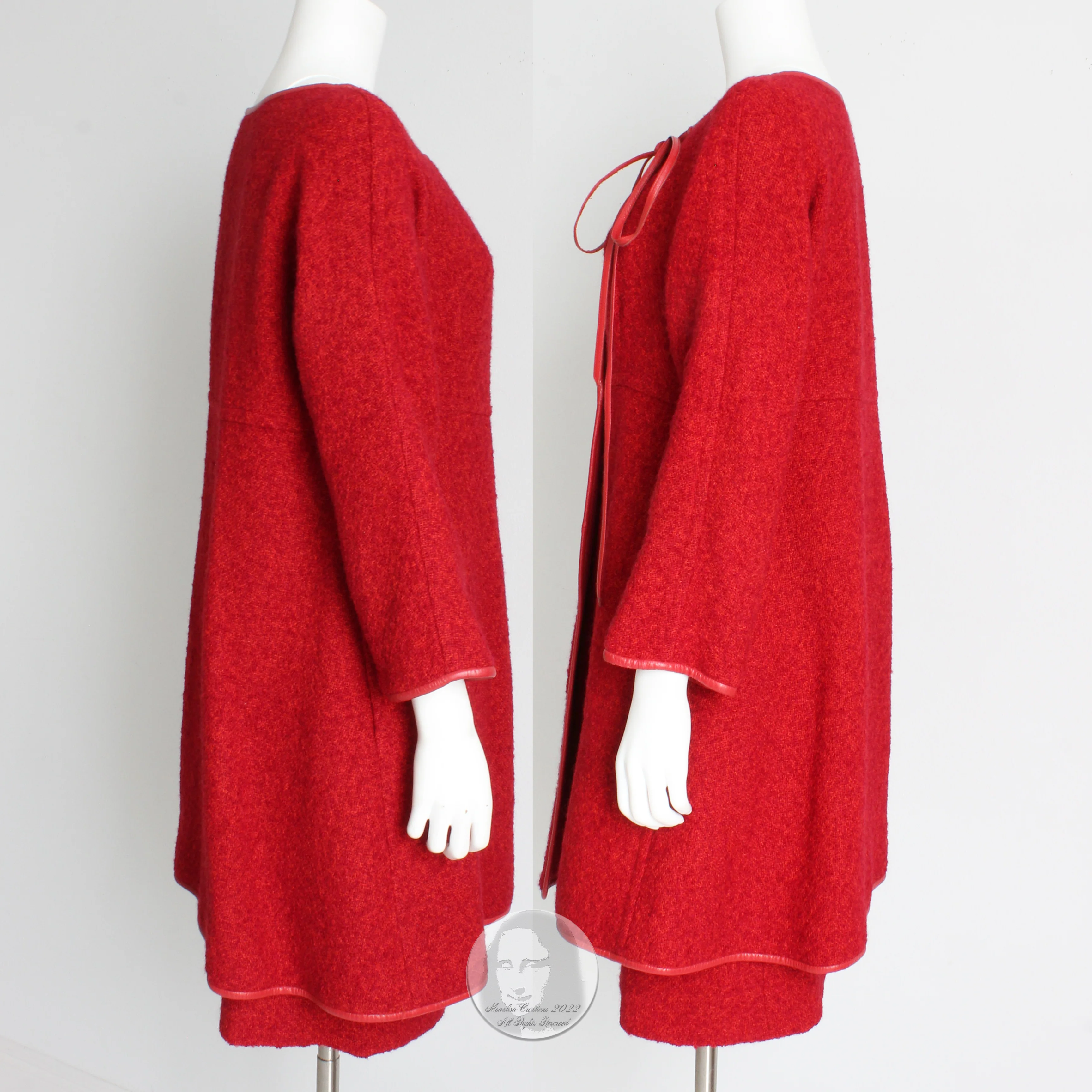 60s Jacket Skirt Set Cherry Leather Trim Boucle Wool By Bonnie Cashin - Image 6