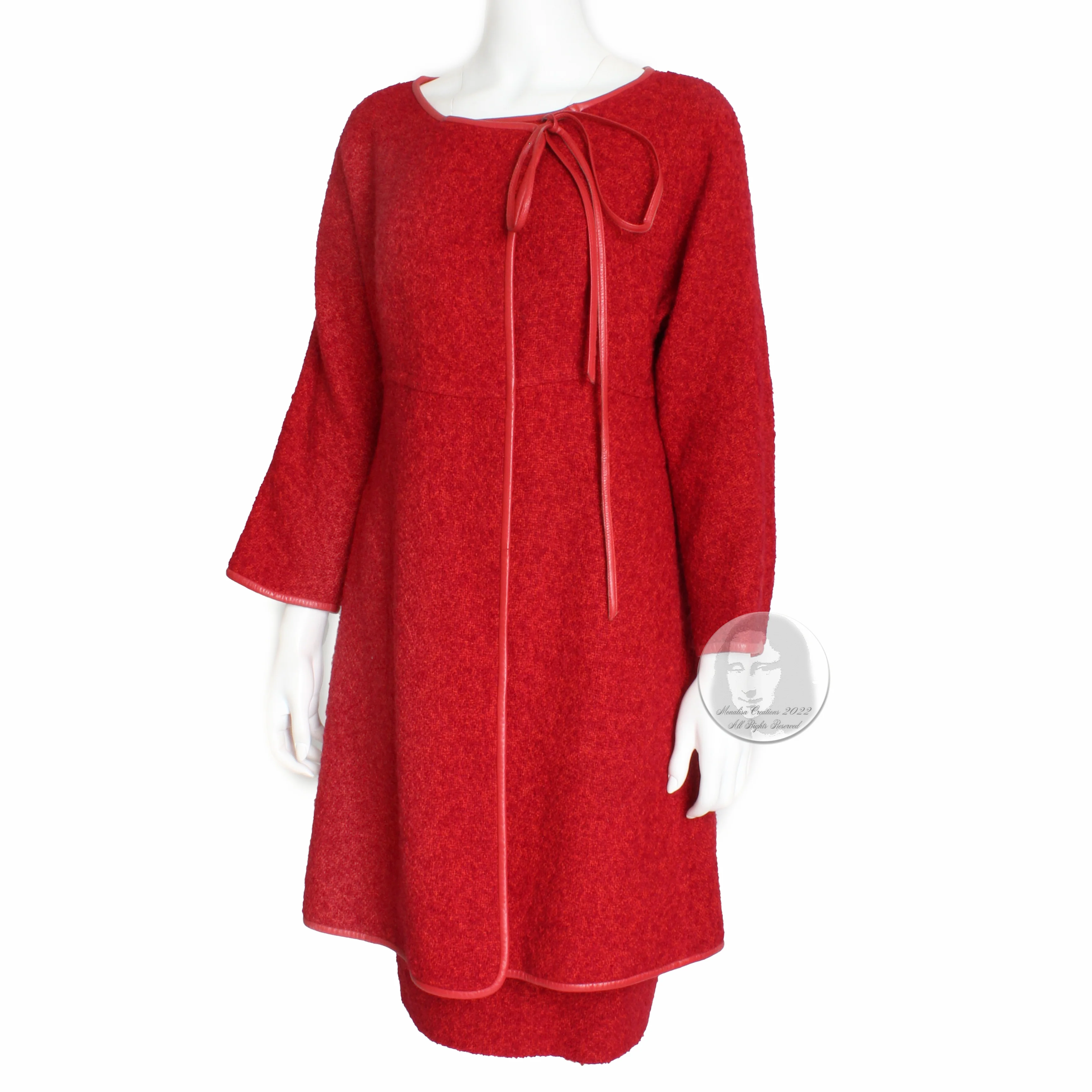 60s Jacket Skirt Set Cherry Leather Trim Boucle Wool By Bonnie Cashin - Image 7
