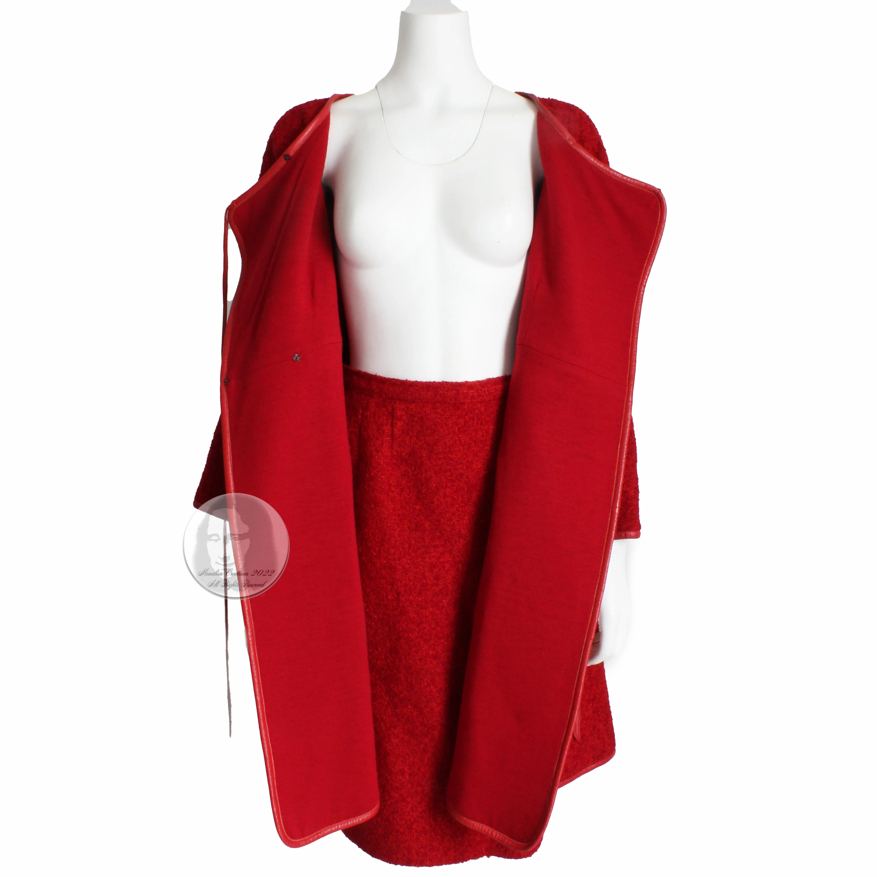 60s Jacket Skirt Set Cherry Leather Trim Boucle Wool By Bonnie Cashin - Image 8