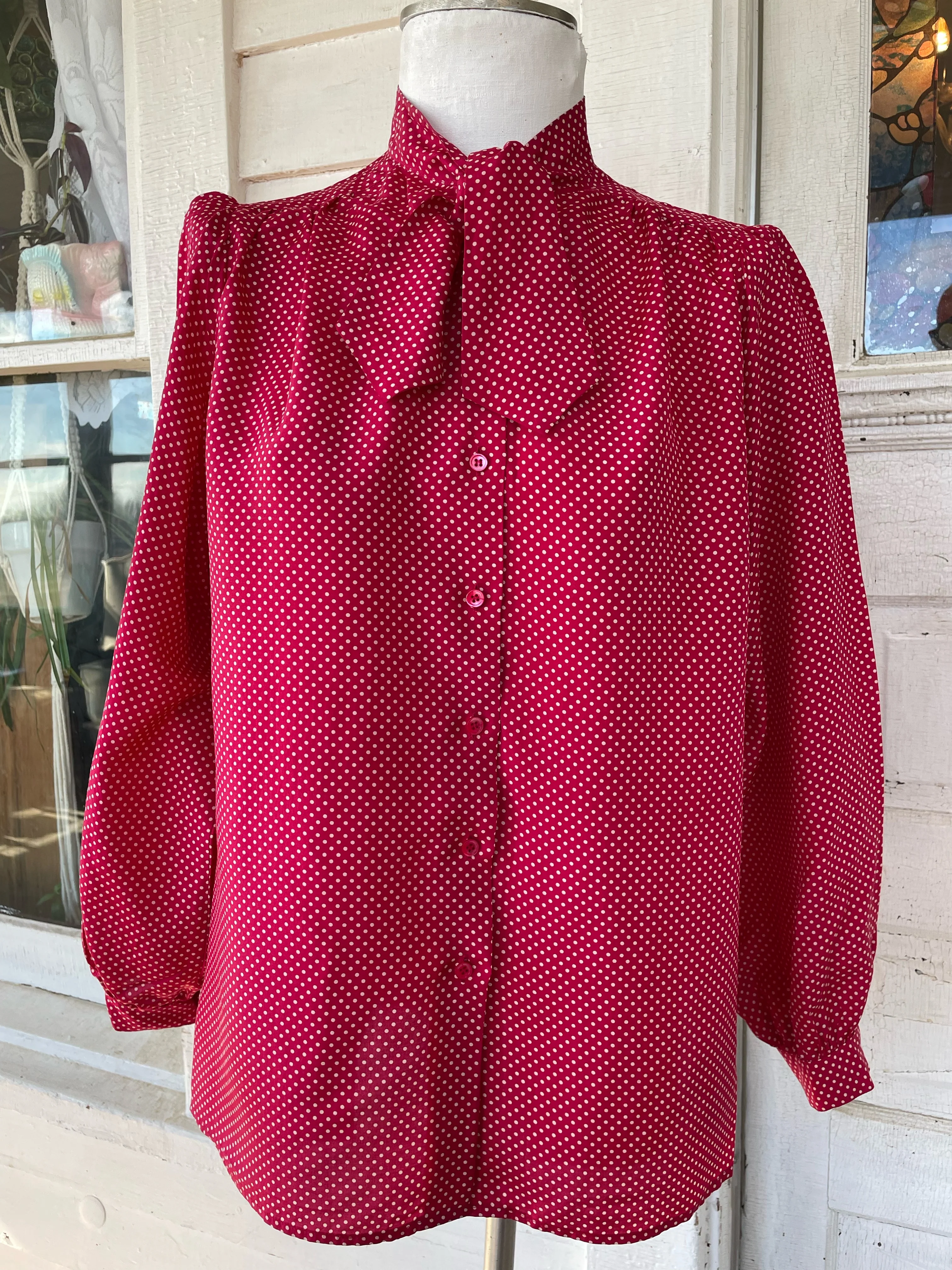 60s Vintage Silk Red Polka A Dot Blouse With Tie By Royal Silk - Image 5