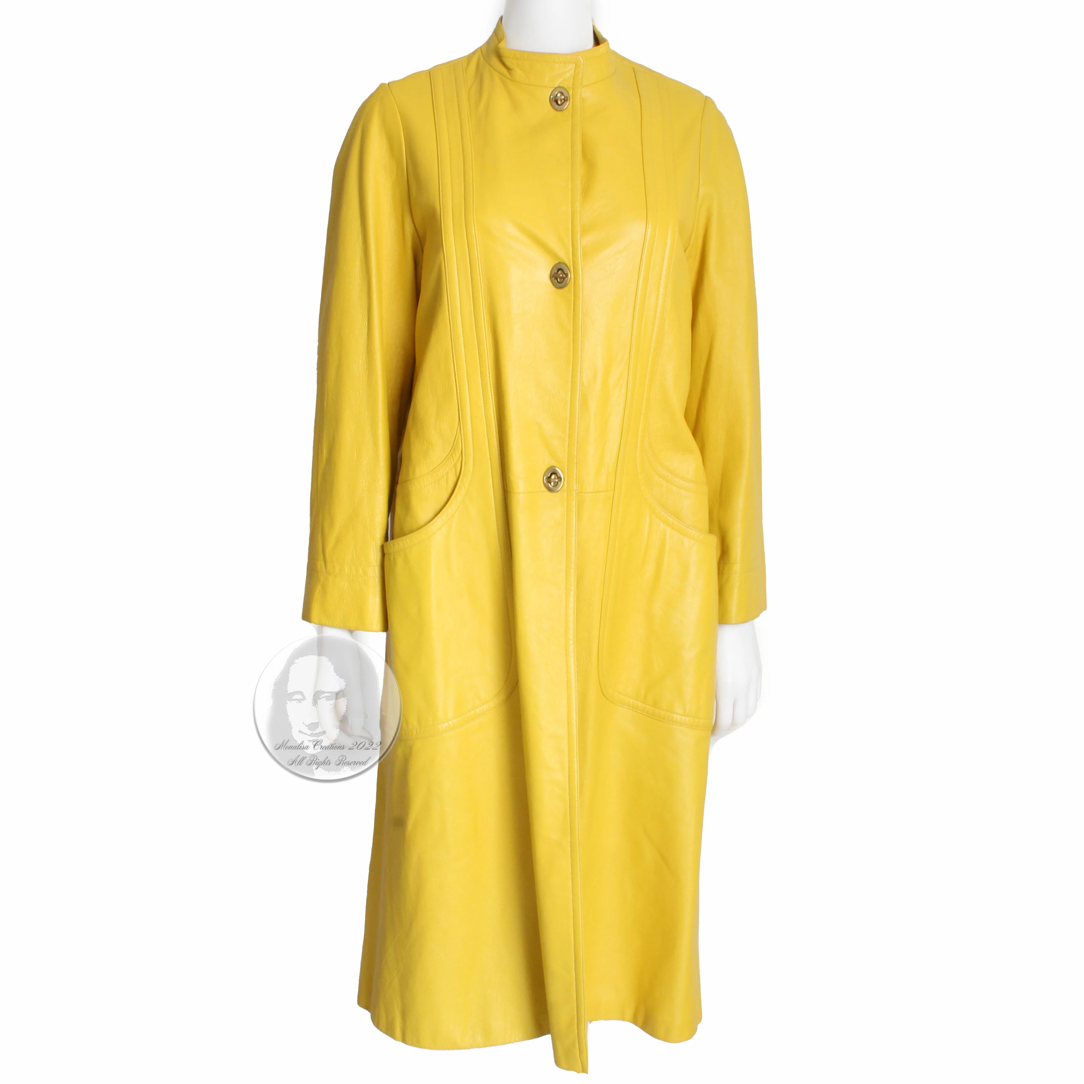 60s Lemon Yellow Leather Coat Long Turnlock Jacket Mod By Bonnie Cashin - Image 3