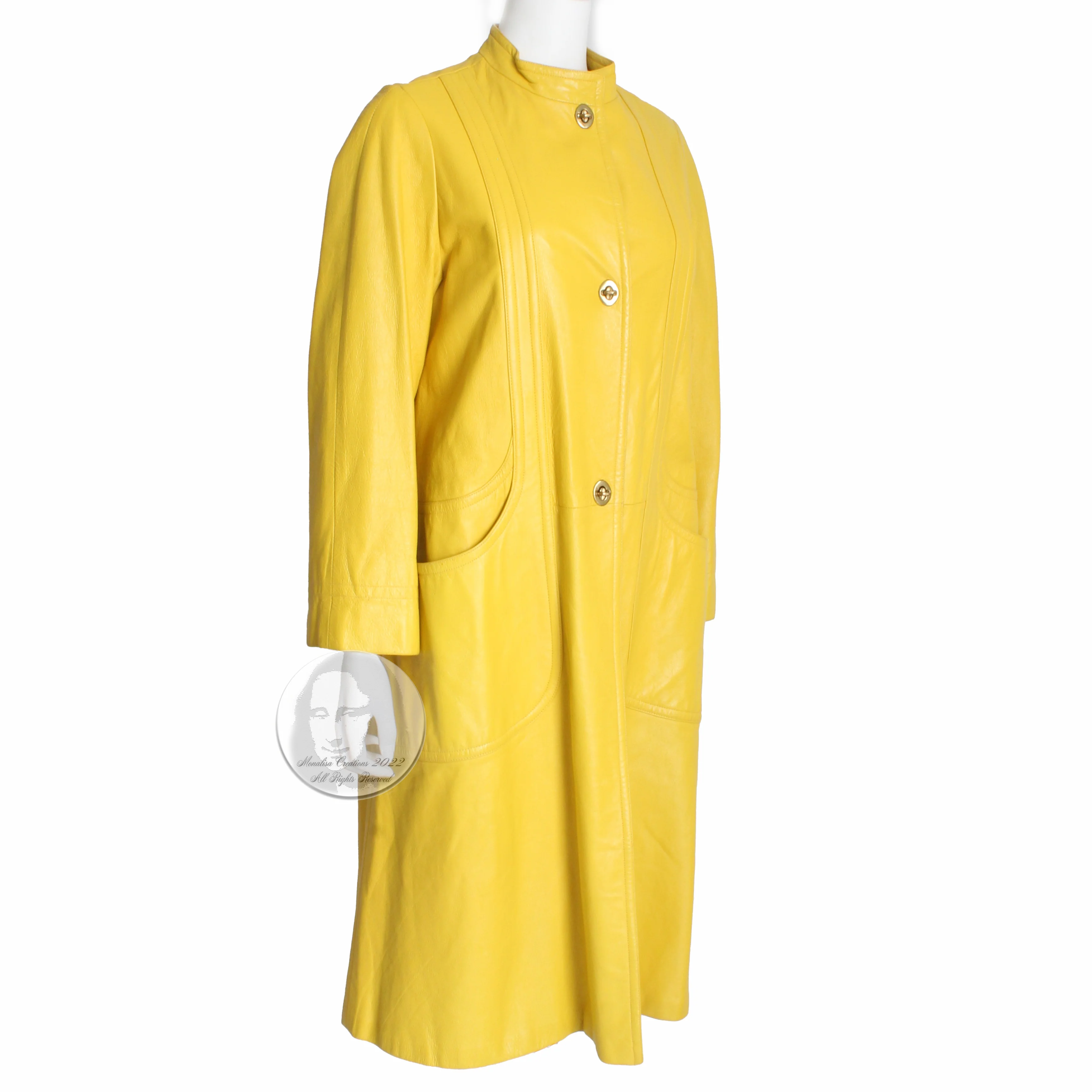 60s Lemon Yellow Leather Coat Long Turnlock Jacket Mod By Bonnie Cashin - Image 4