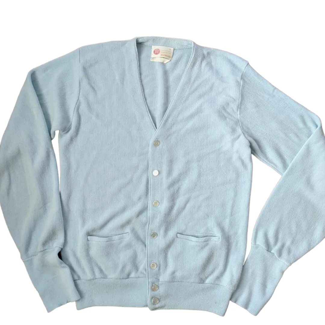 60s Light Blue Cardigan Grandpa Sweater Acrylic Xl By Kings Road - Image 3