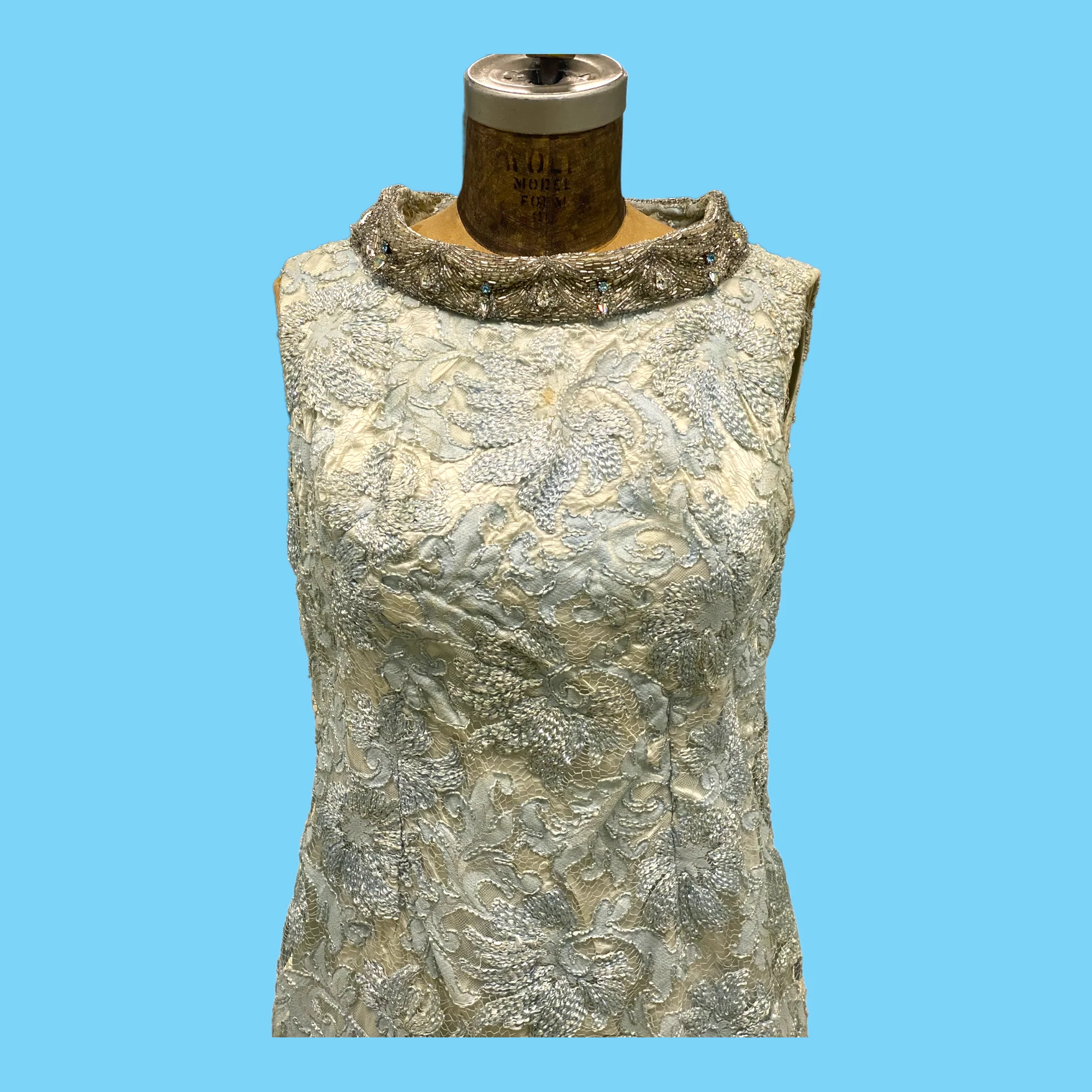 60s Light Blue With Silver Beaded Collar Evening Dress - Image 3