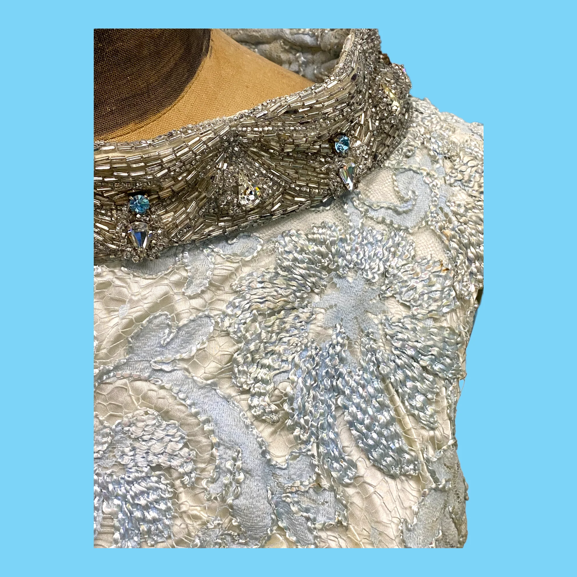 60s Light Blue With Silver Beaded Collar Evening Dress - Image 4