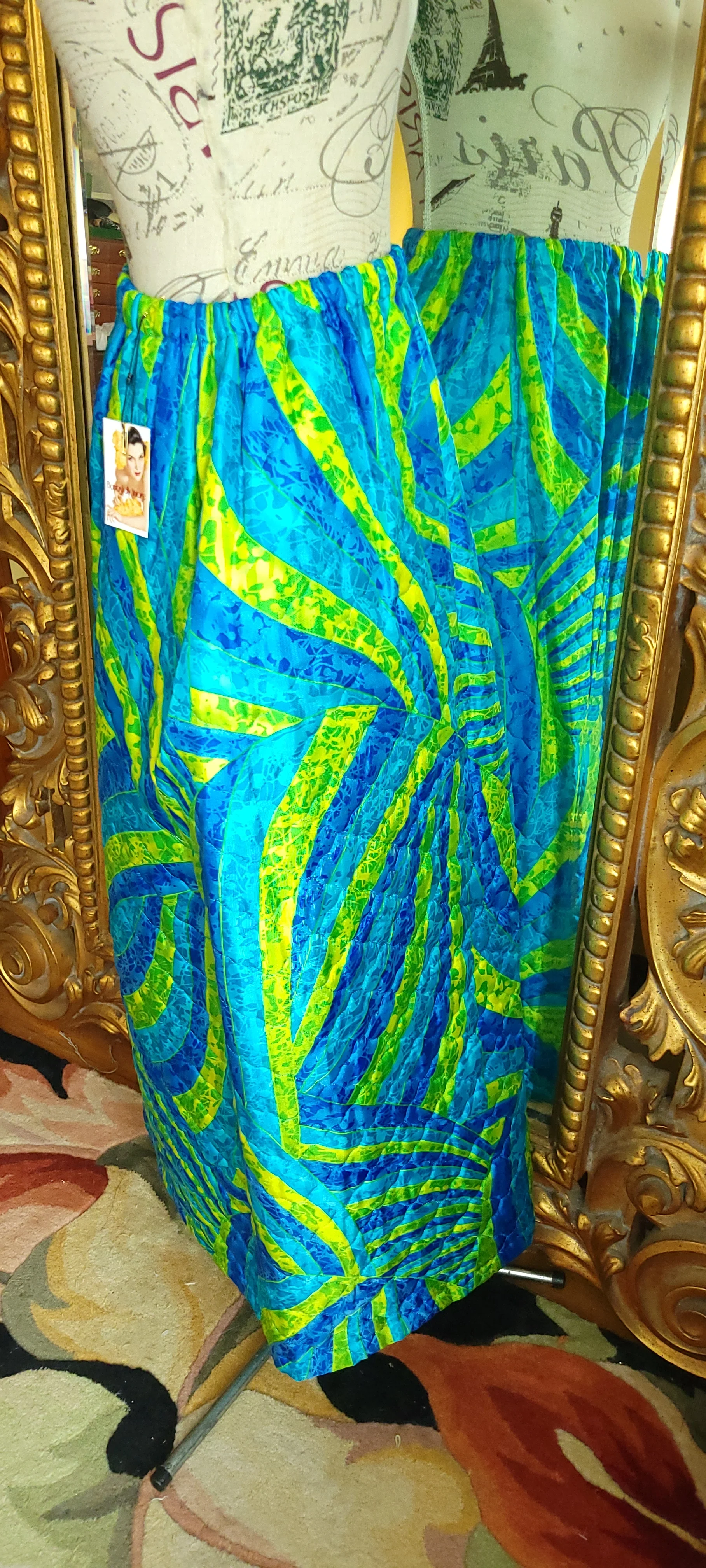 60s Lime Green And Blue Psychedlic Quilted Maxi Skirt By Miss Elaine - Image 4