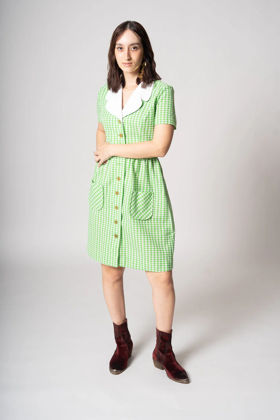 60s Lime Plaid Dress - Image 4