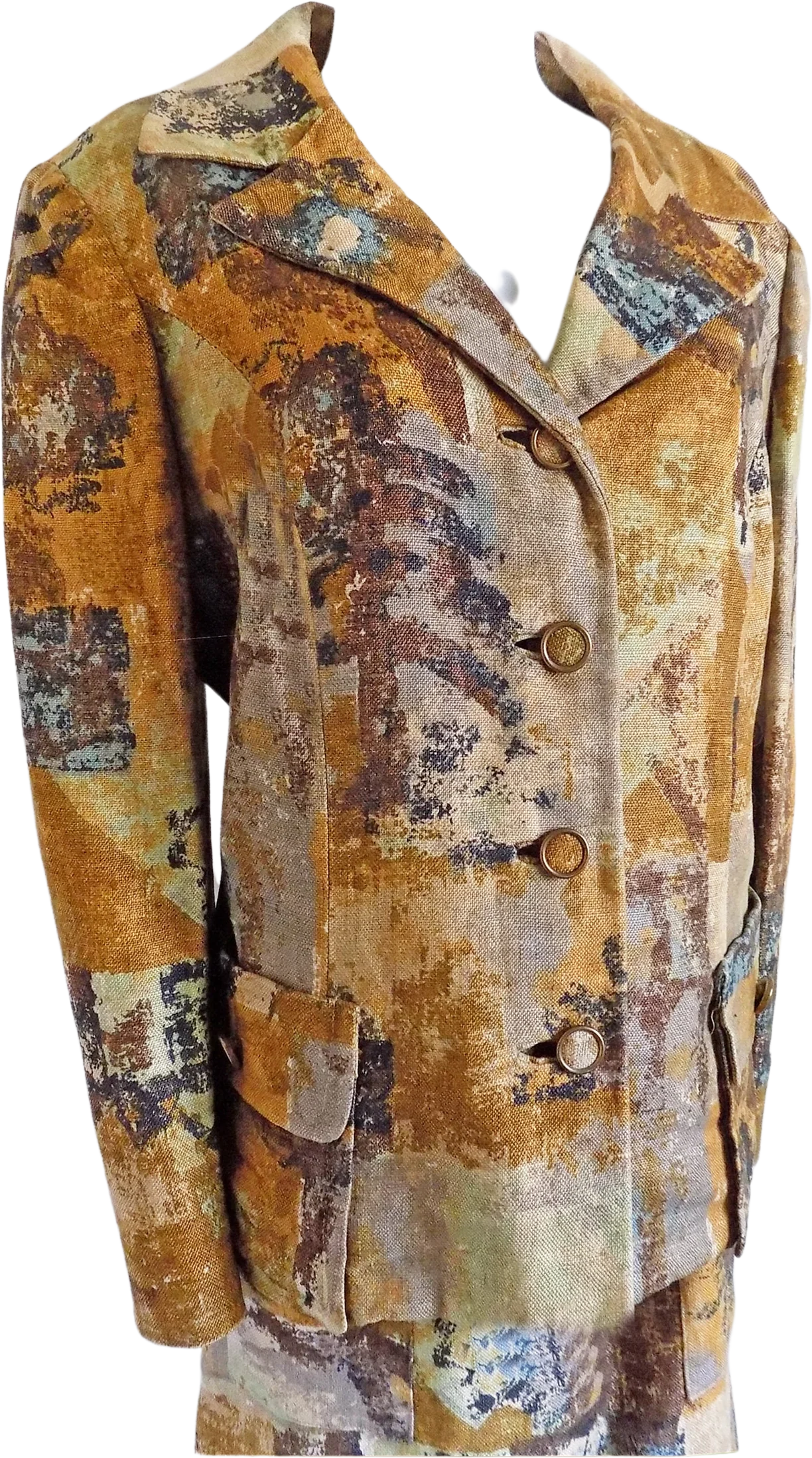 60s Linen Style Mod Woman's Suit Skirt and Jacket Union Made Two Piece Suit Pockets Brown Black Green Abstract