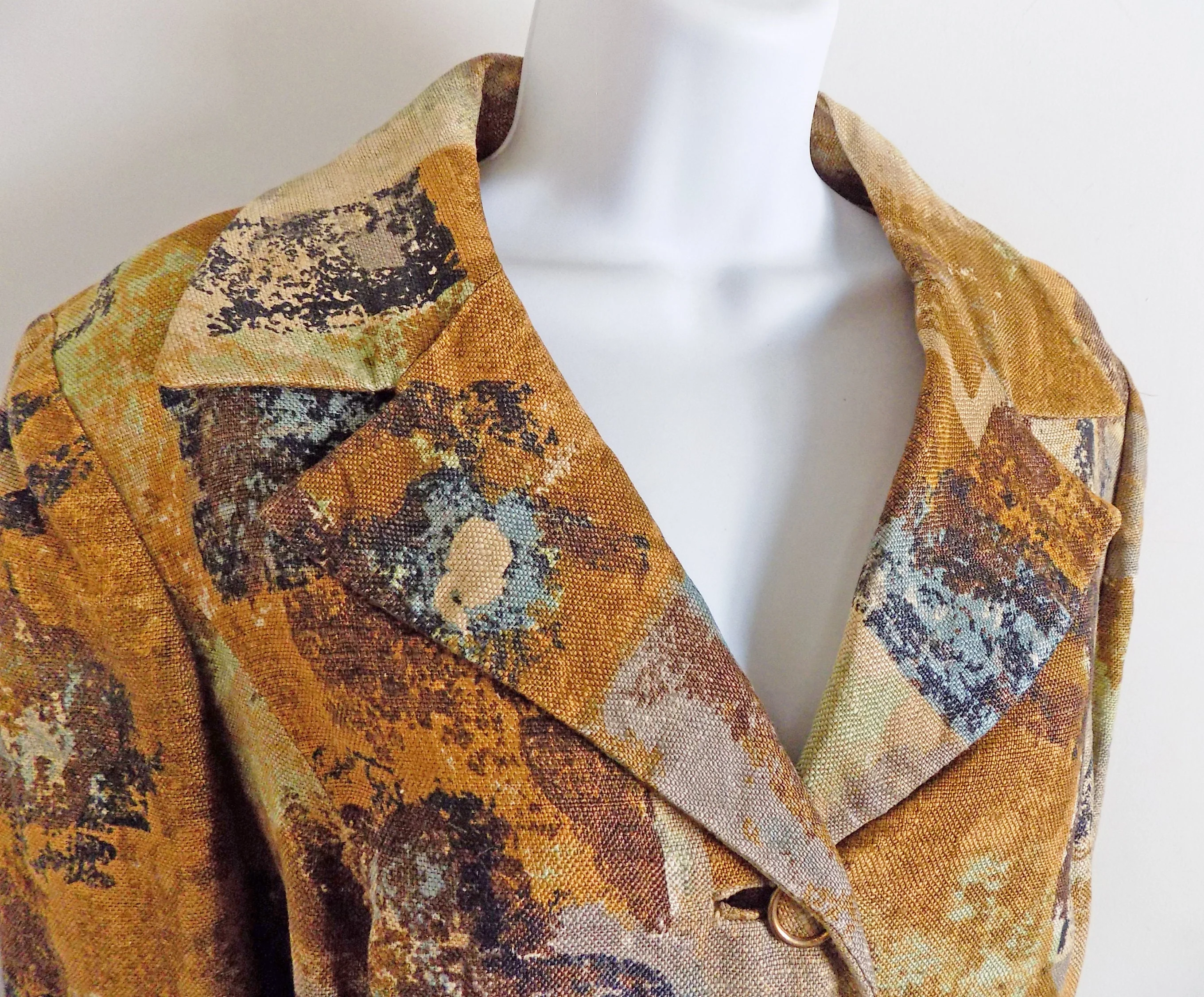 60s Linen Style Mod Woman's Suit Skirt and Jacket Union Made Two Piece Suit Pockets Brown Black Green Abstract - Image 2