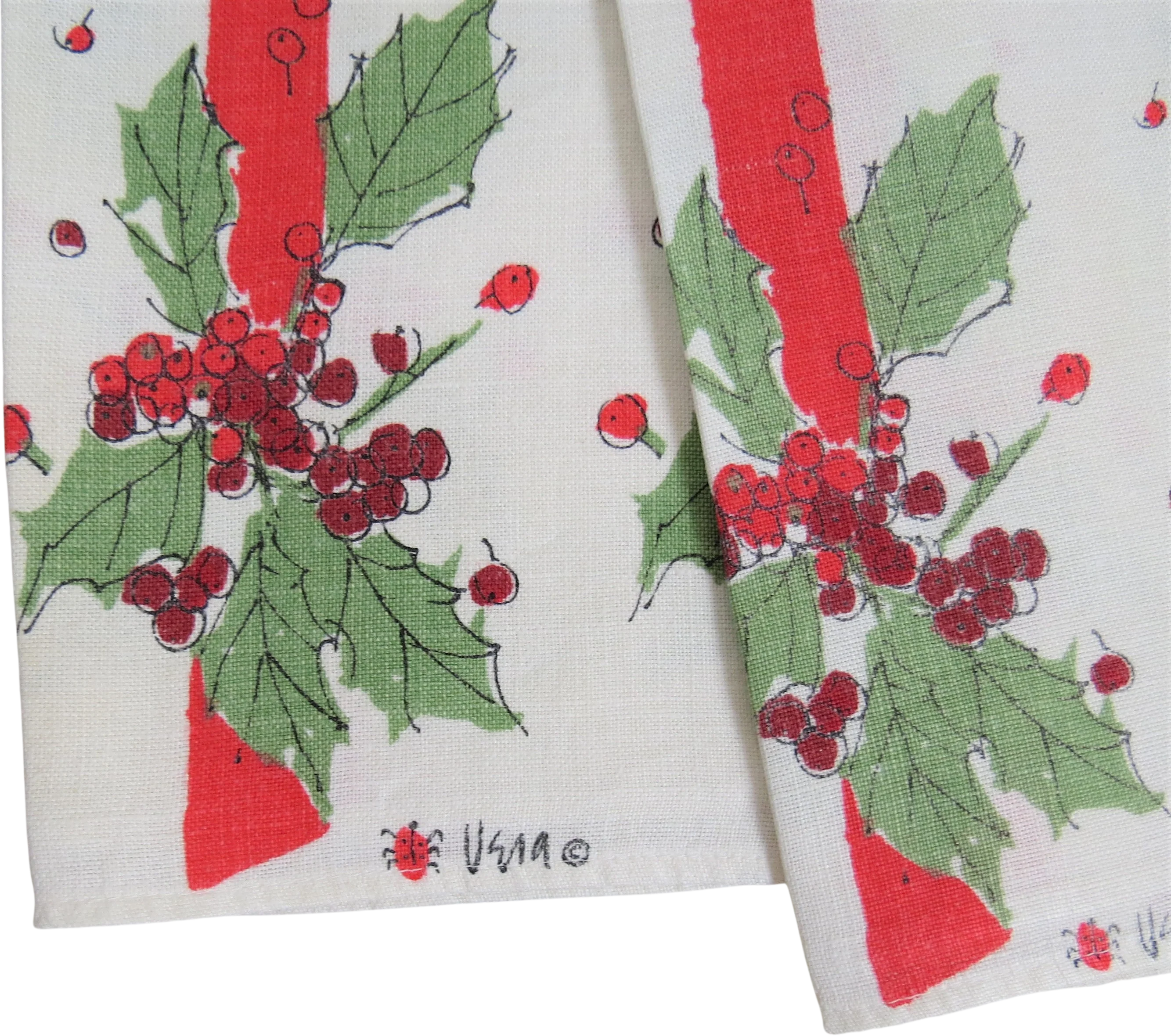 60s Linen Tea Towels Kitchen Holiday Christmas Ladybug By Vera Neumann - Image 2