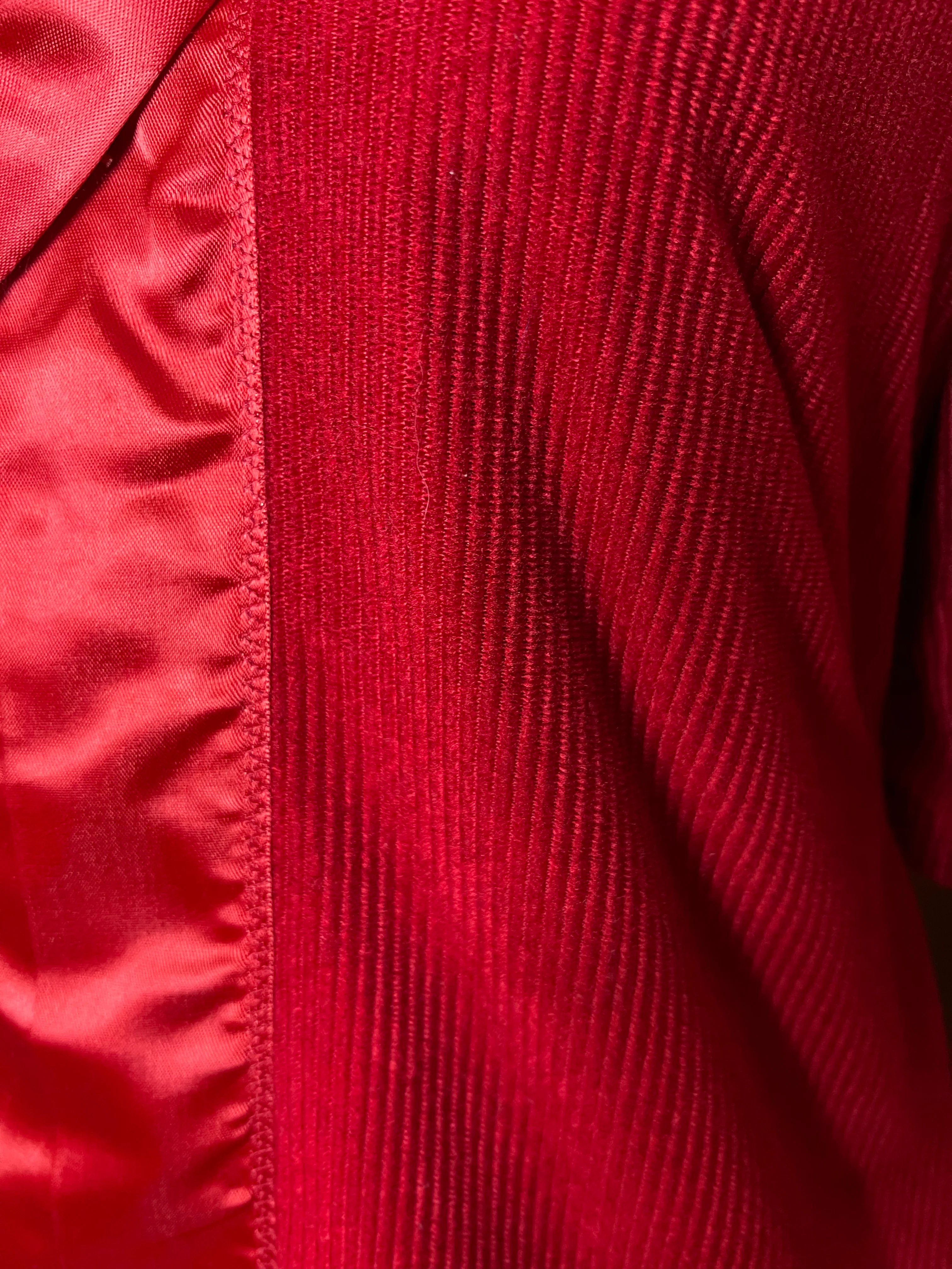 60s Lipstick Red Corduroy Satin Shift Dress Pockets - Image 5
