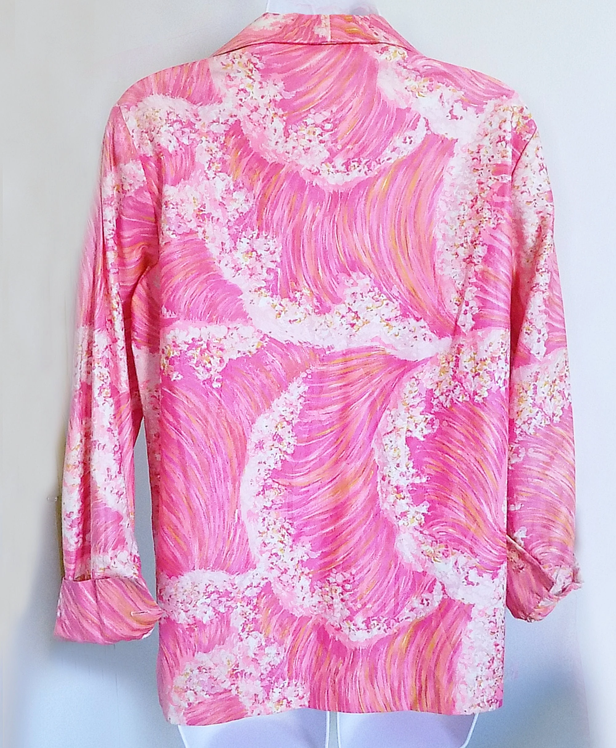 60s Long Sleeved Printed Blouse by Sue Ann of Dallas Waxed Cotton Pink White Gold Surf by Sue Ann Of Dallas - Image 4