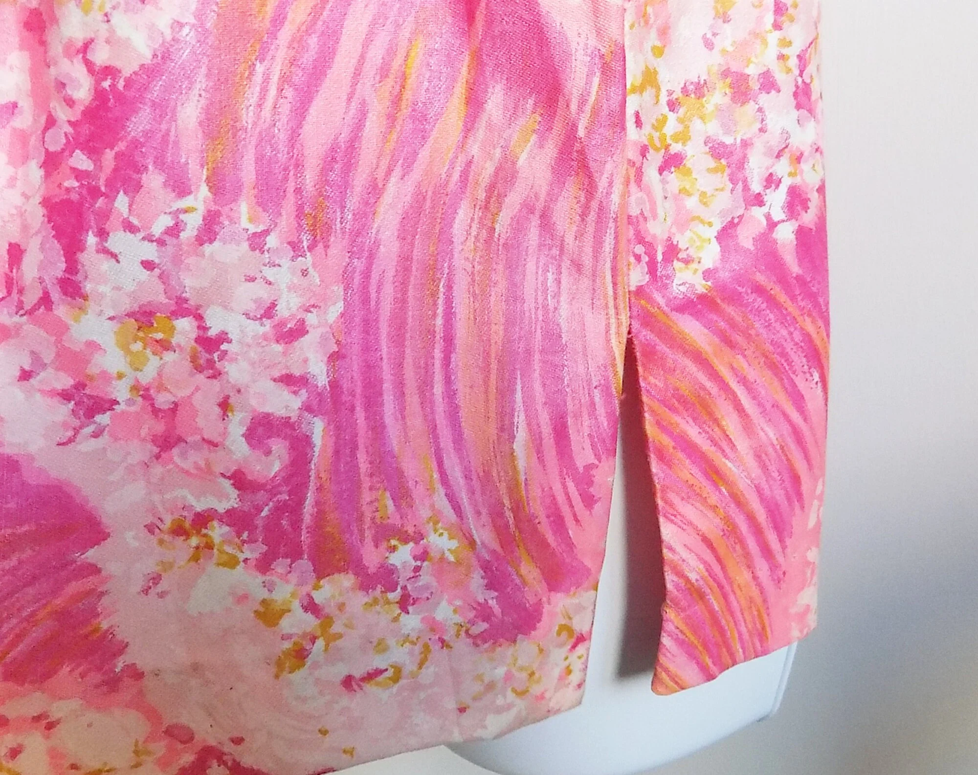 60s Long Sleeved Printed Blouse by Sue Ann of Dallas Waxed Cotton Pink White Gold Surf by Sue Ann Of Dallas - Image 6