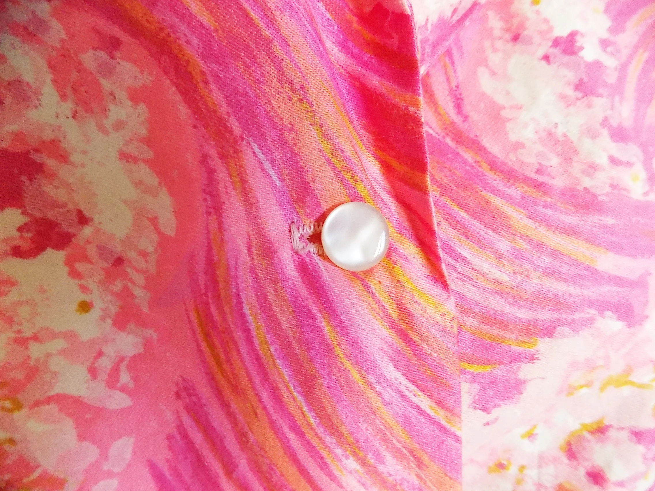 60s Long Sleeved Printed Blouse by Sue Ann of Dallas Waxed Cotton Pink White Gold Surf by Sue Ann Of Dallas - Image 7