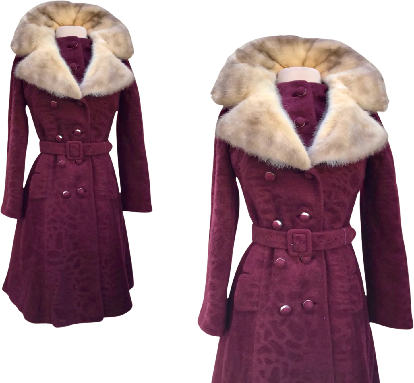 60s Maroon Burgundy 60s Peacoat Mod Cross Mink