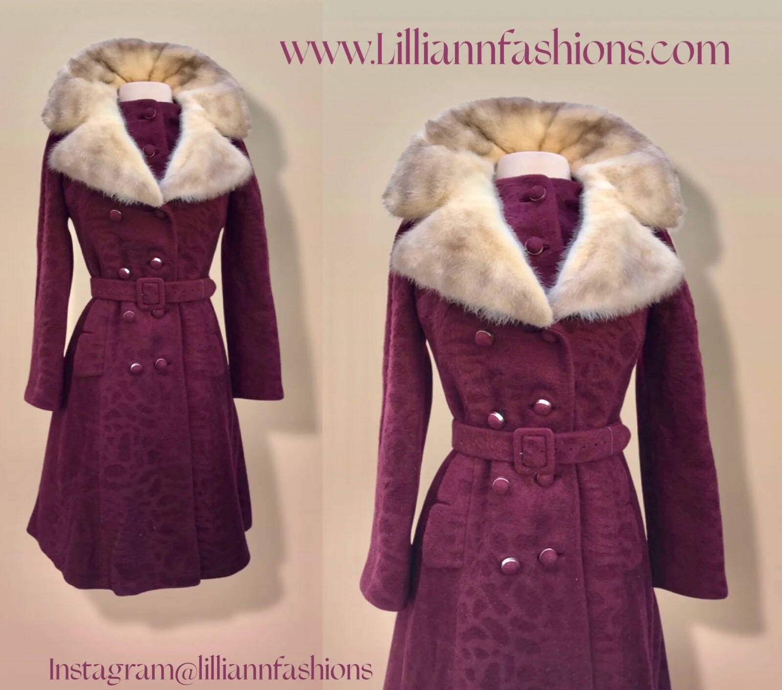 60s Maroon Burgundy 60s Peacoat Mod Cross Mink - Image 3