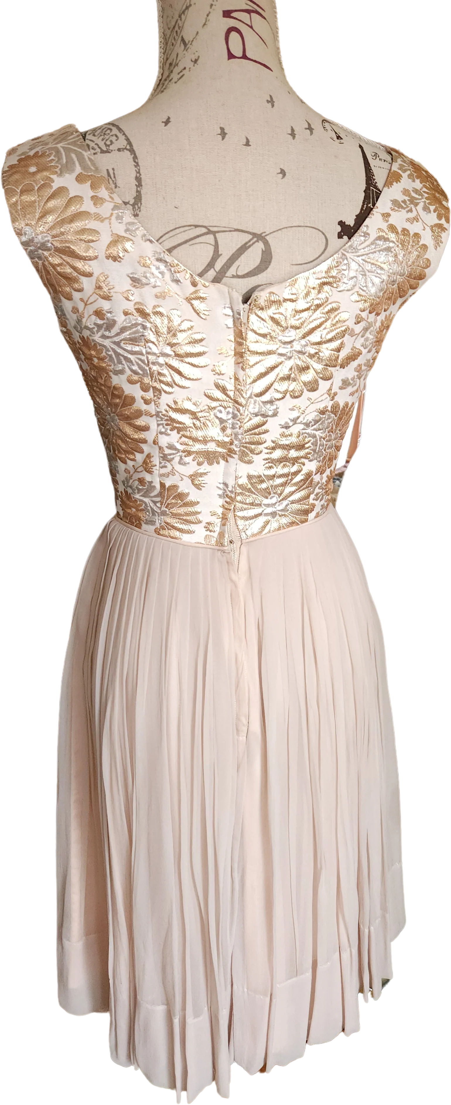 60s Metallic Silk Brocade And Chiffon Cocktail Dress - Image 2