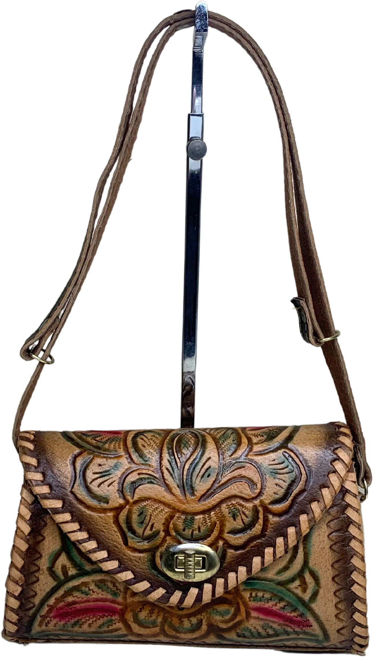 60s Color Tooled Leather Shoulder Bag by Mexico