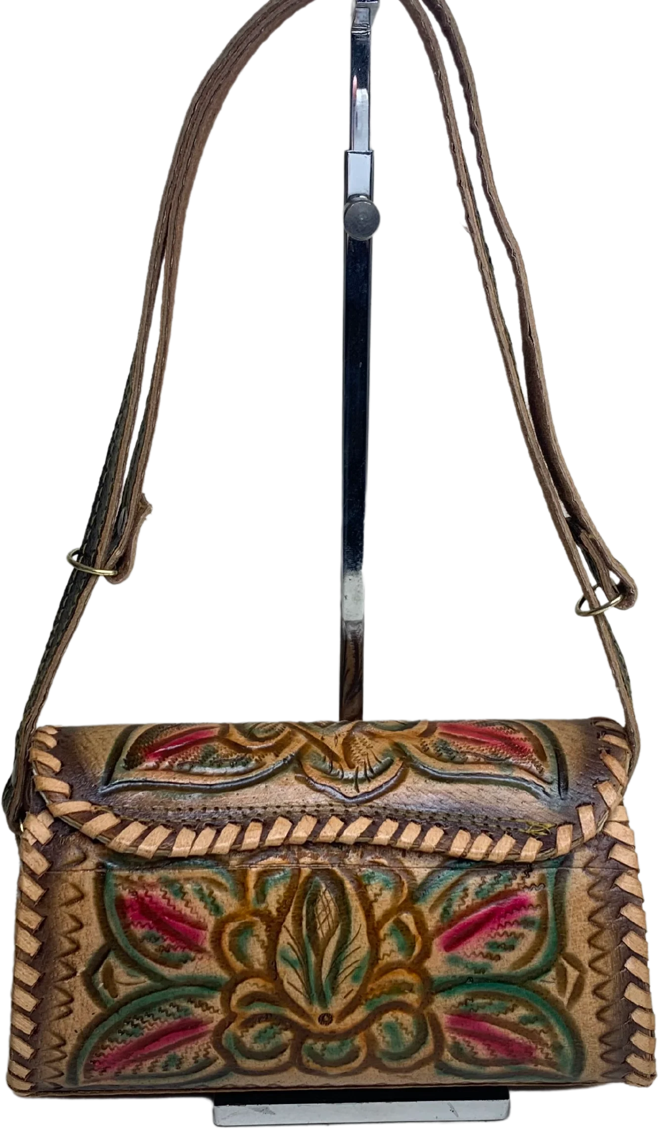 60s Color Tooled Leather Shoulder Bag by Mexico - Image 2