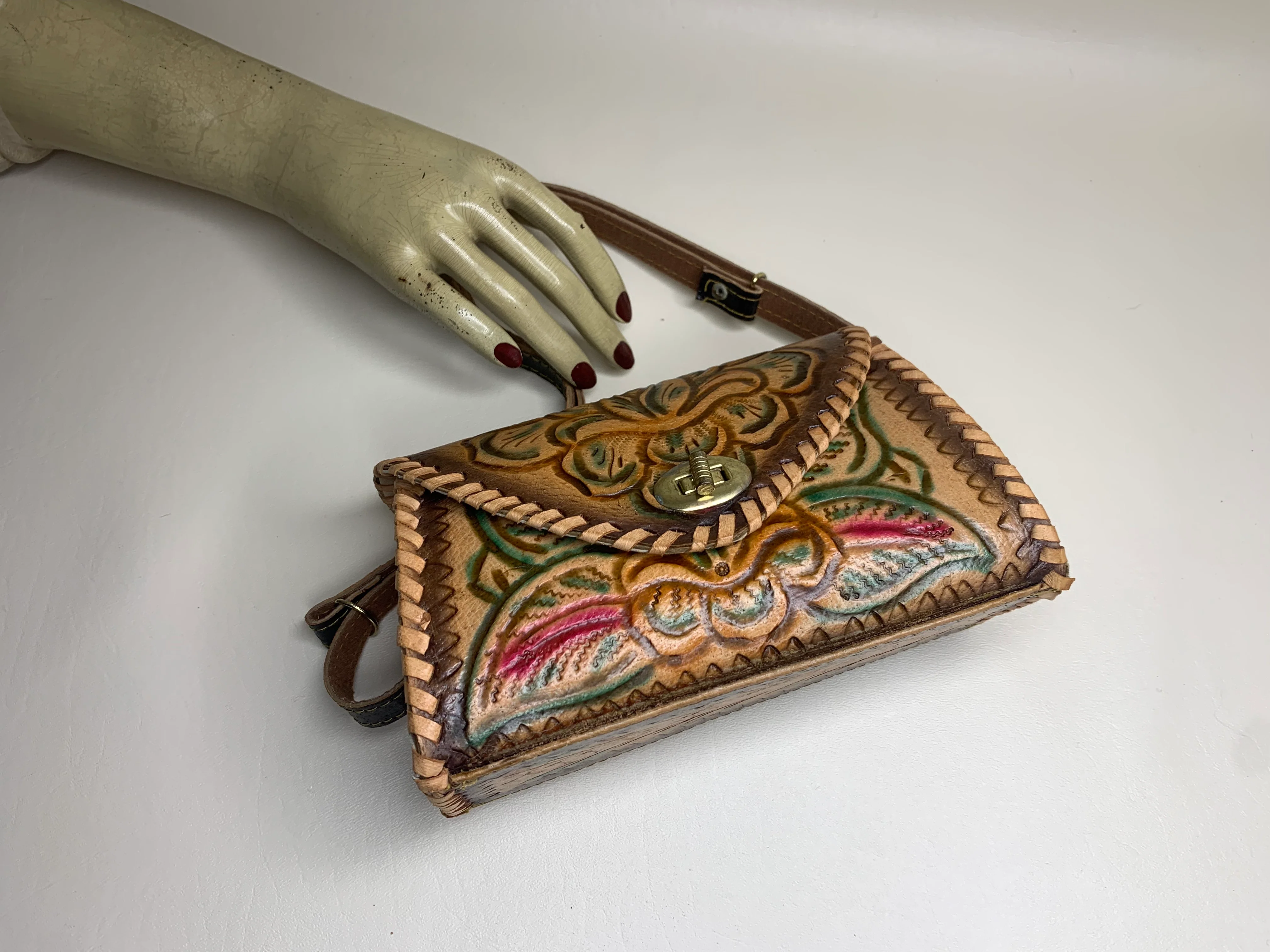 60s Color Tooled Leather Shoulder Bag by Mexico - Image 3
